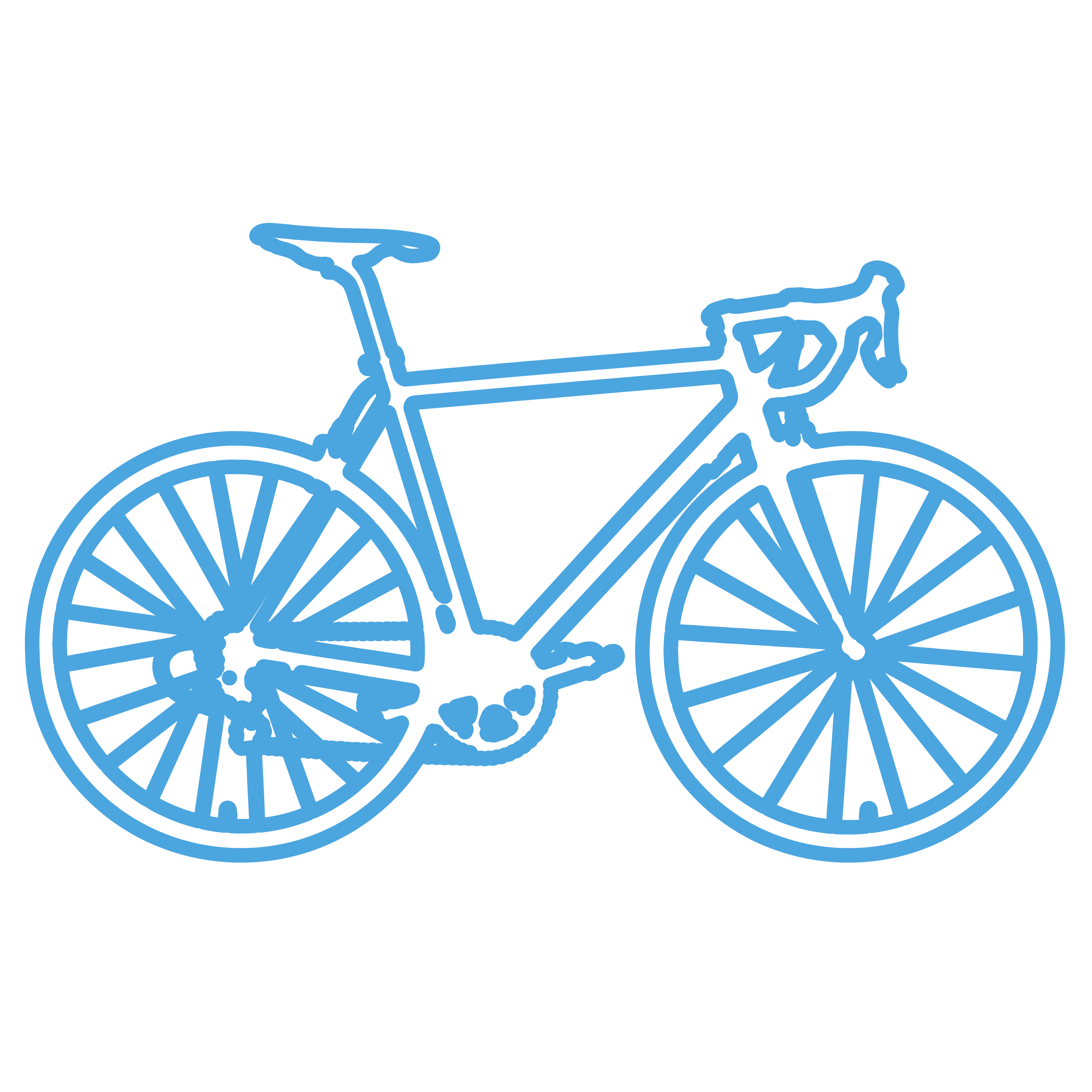 Outline drawing of a bicycle in blue on a black background.