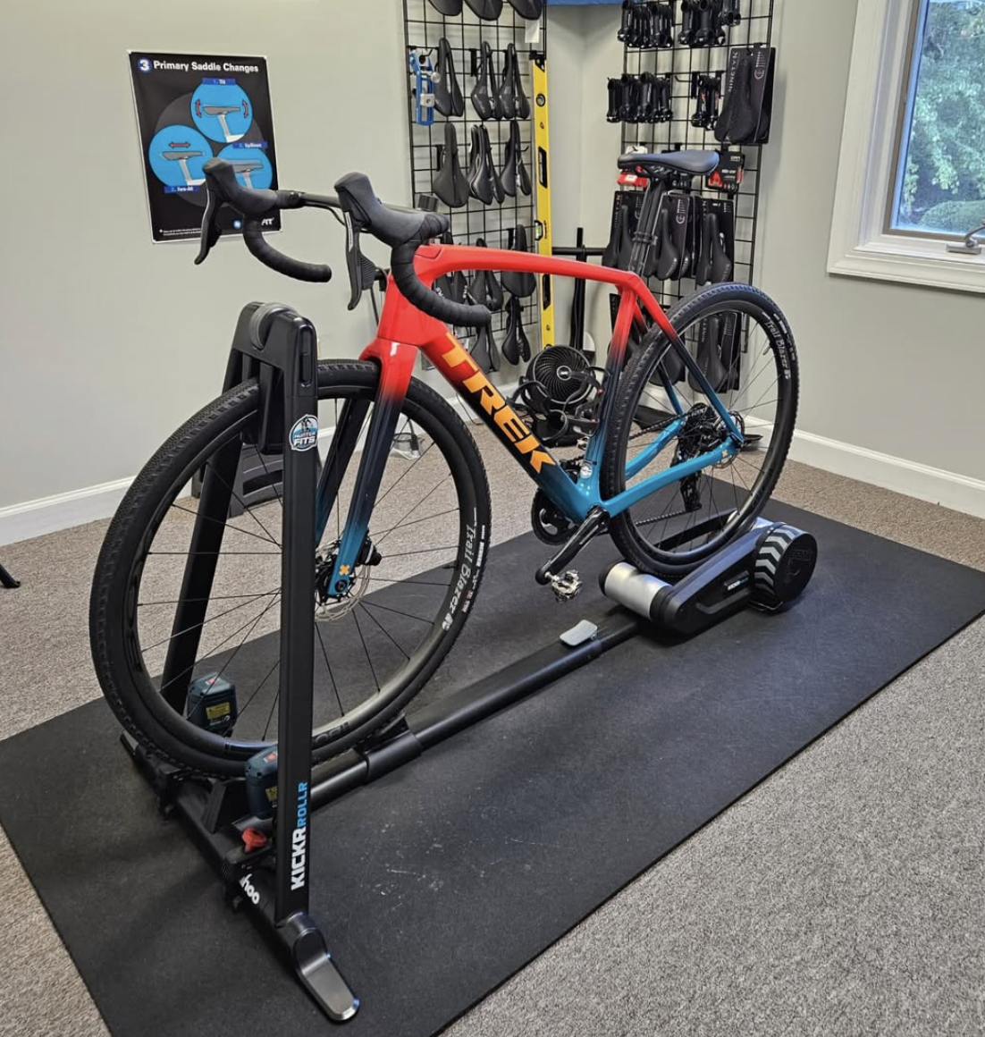 Trek cyclocross bike on a stand for a professional fitting in Cary, NC