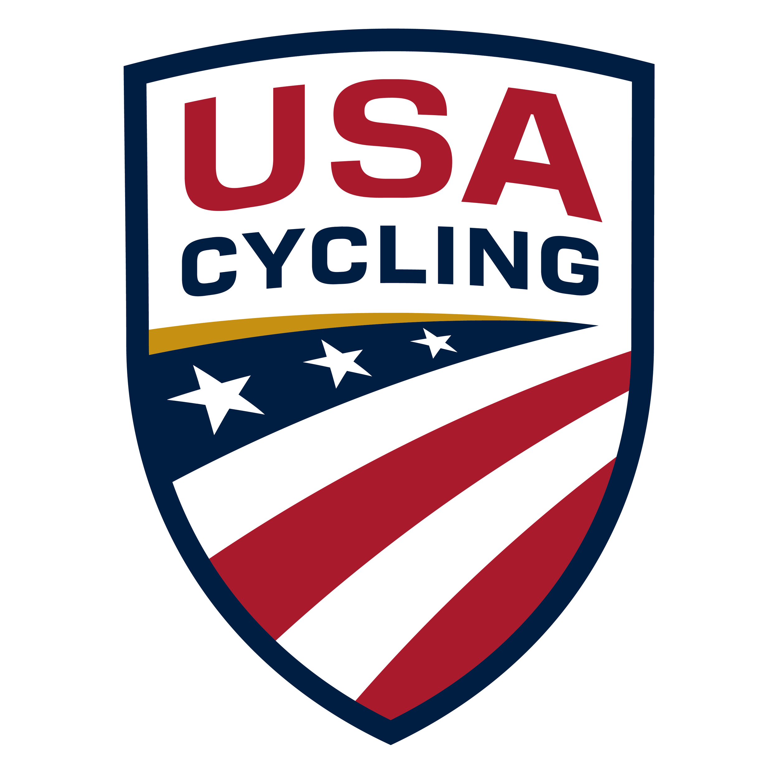 USA Cycling logo with a shield shape, featuring red, white, blue, and gold colors, with stars and stripes design.