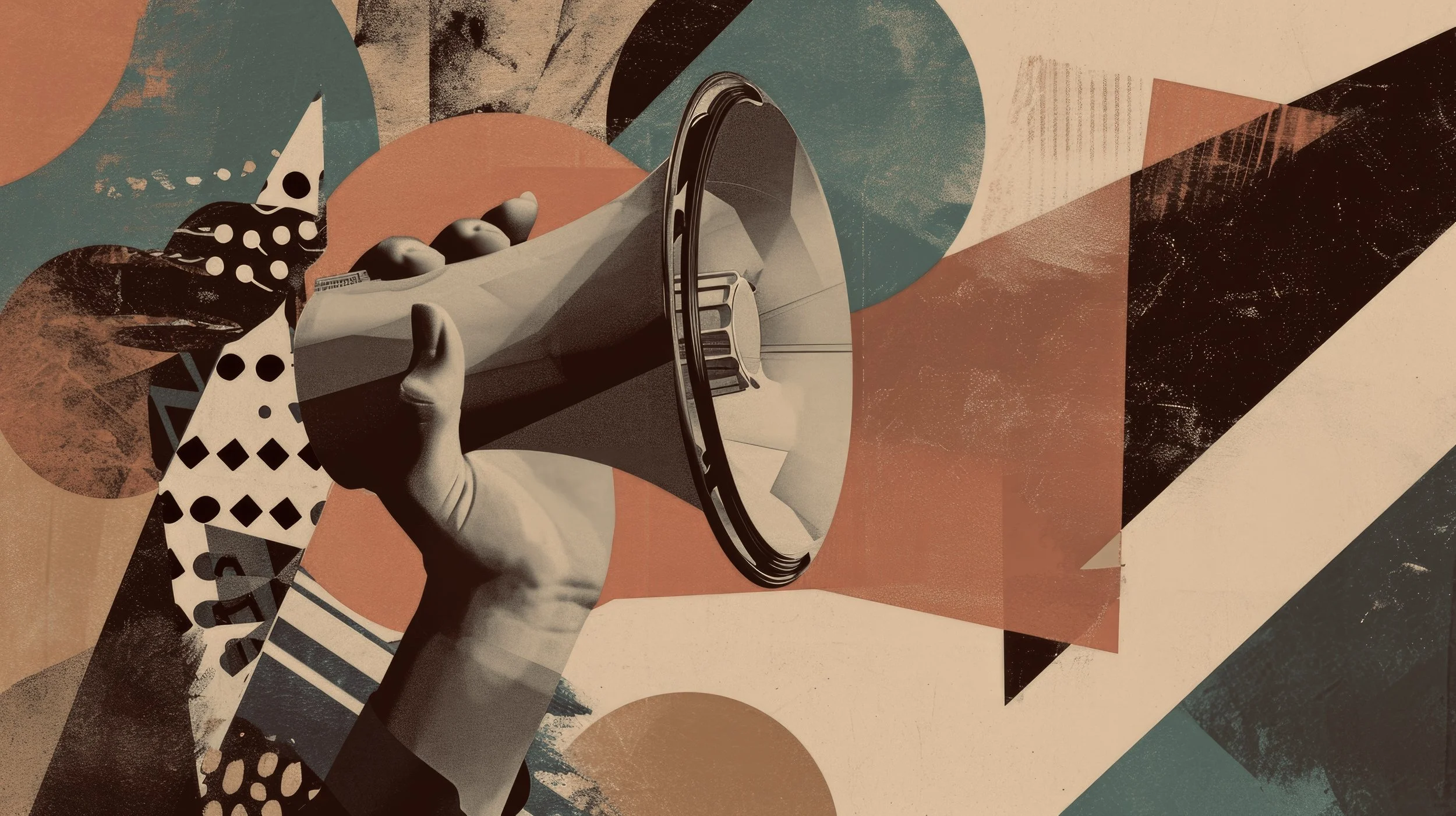 A black and white illustration of a hand holding a megaphone with a collage background featuring abstract shapes, patterns, and textured surfaces in shades of orange, green, and black.