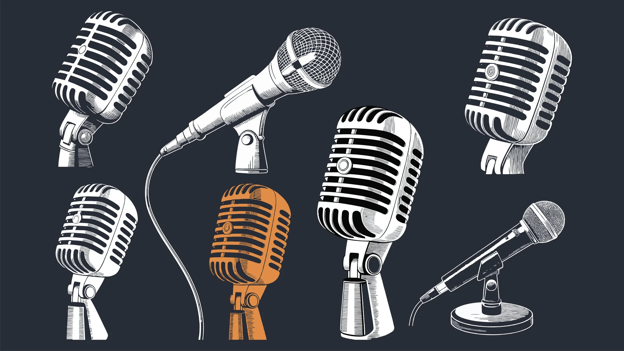 Various illustrated vintage-style microphones on stands and a hand-held microphone on a cord, all in black, white, and orange on a dark background.