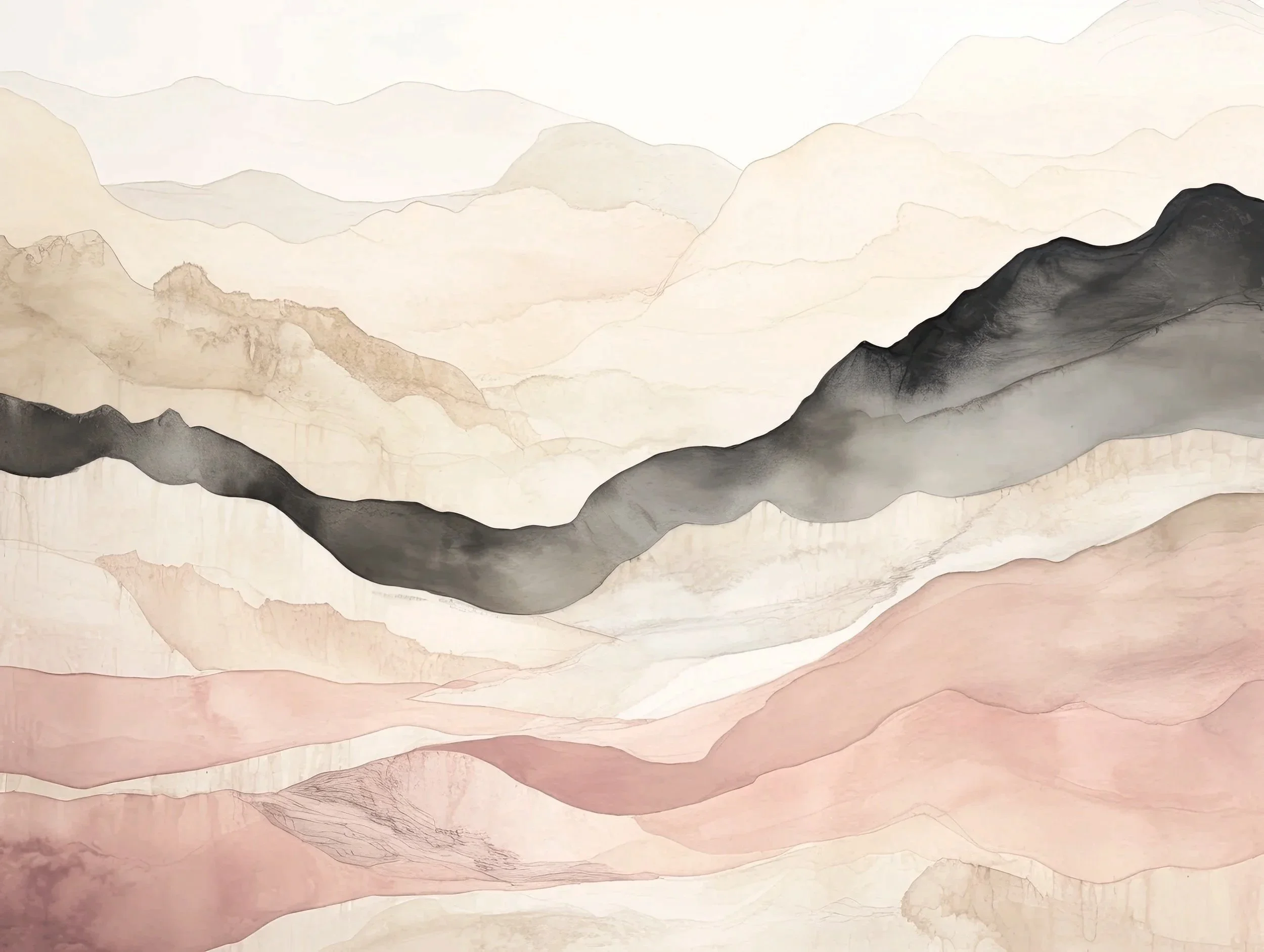 Watercolor painting of mountain ranges in shades of black, gray, beige, and pink, with a layered, abstract landscape.