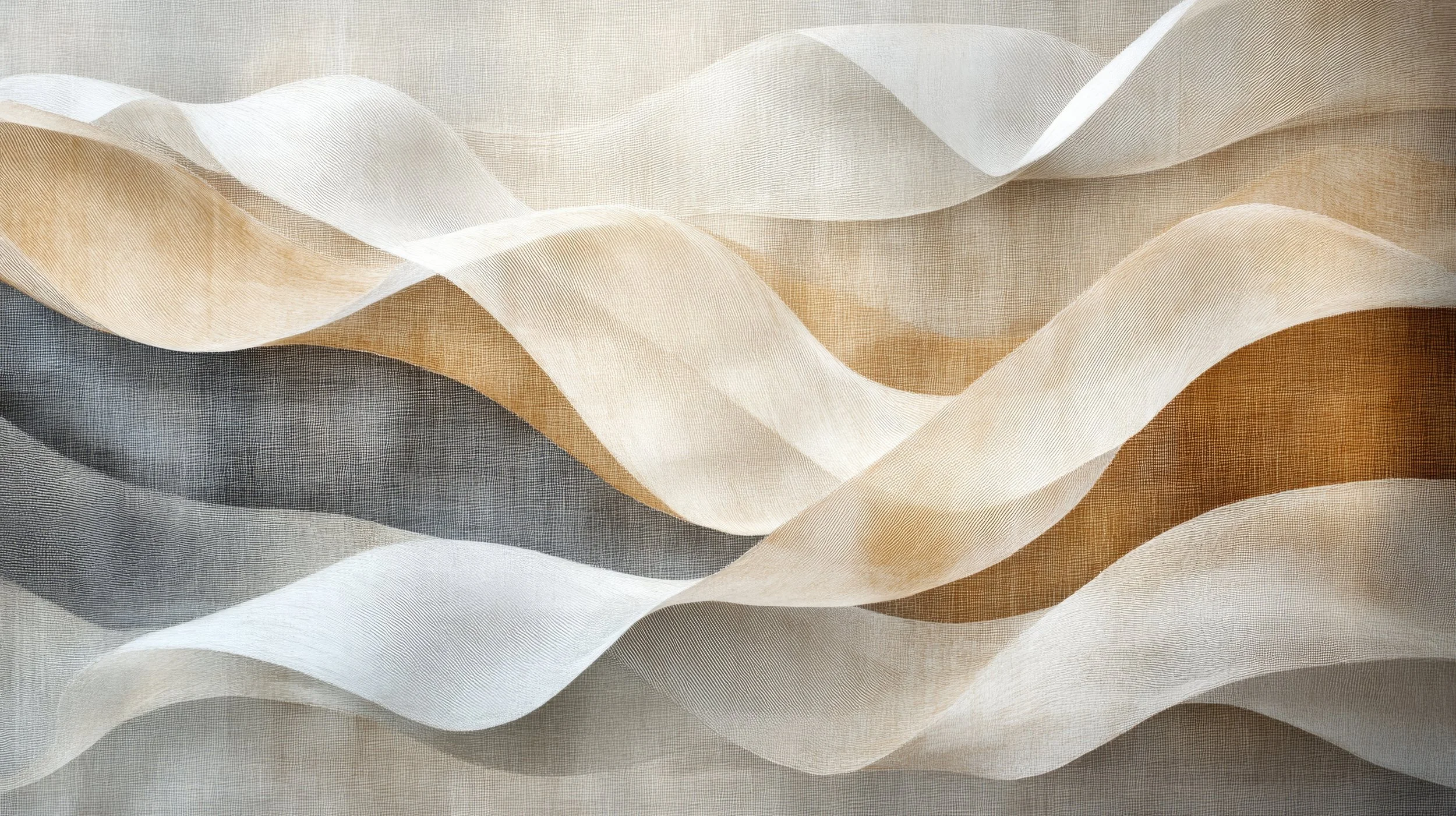 abstract image of flowing fabric in shades of beige, cream, gray, and brown with a textured, linen-like appearance.