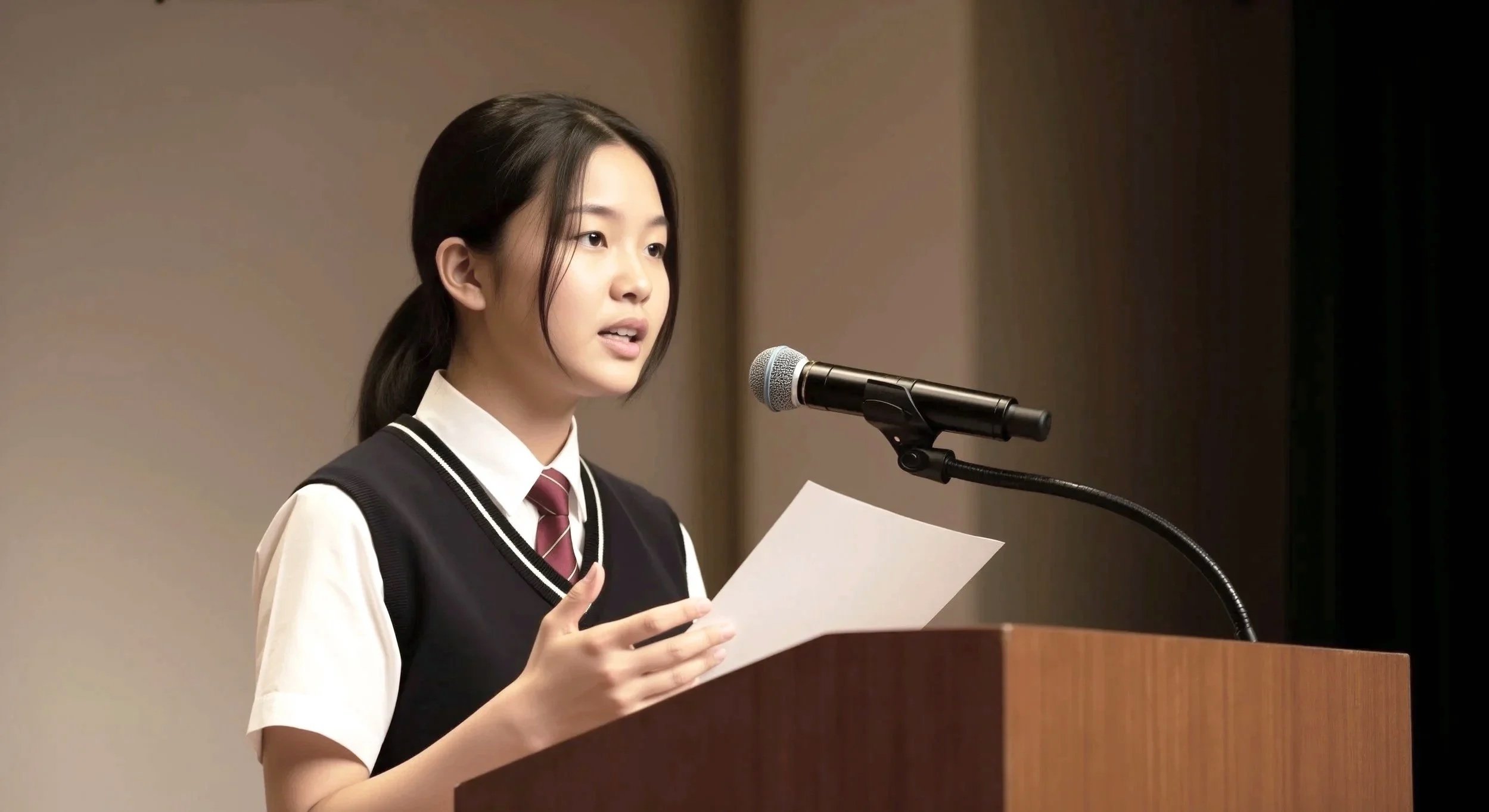 A young woman in a school uniform speaking into a microphone while holding a piece of paper.