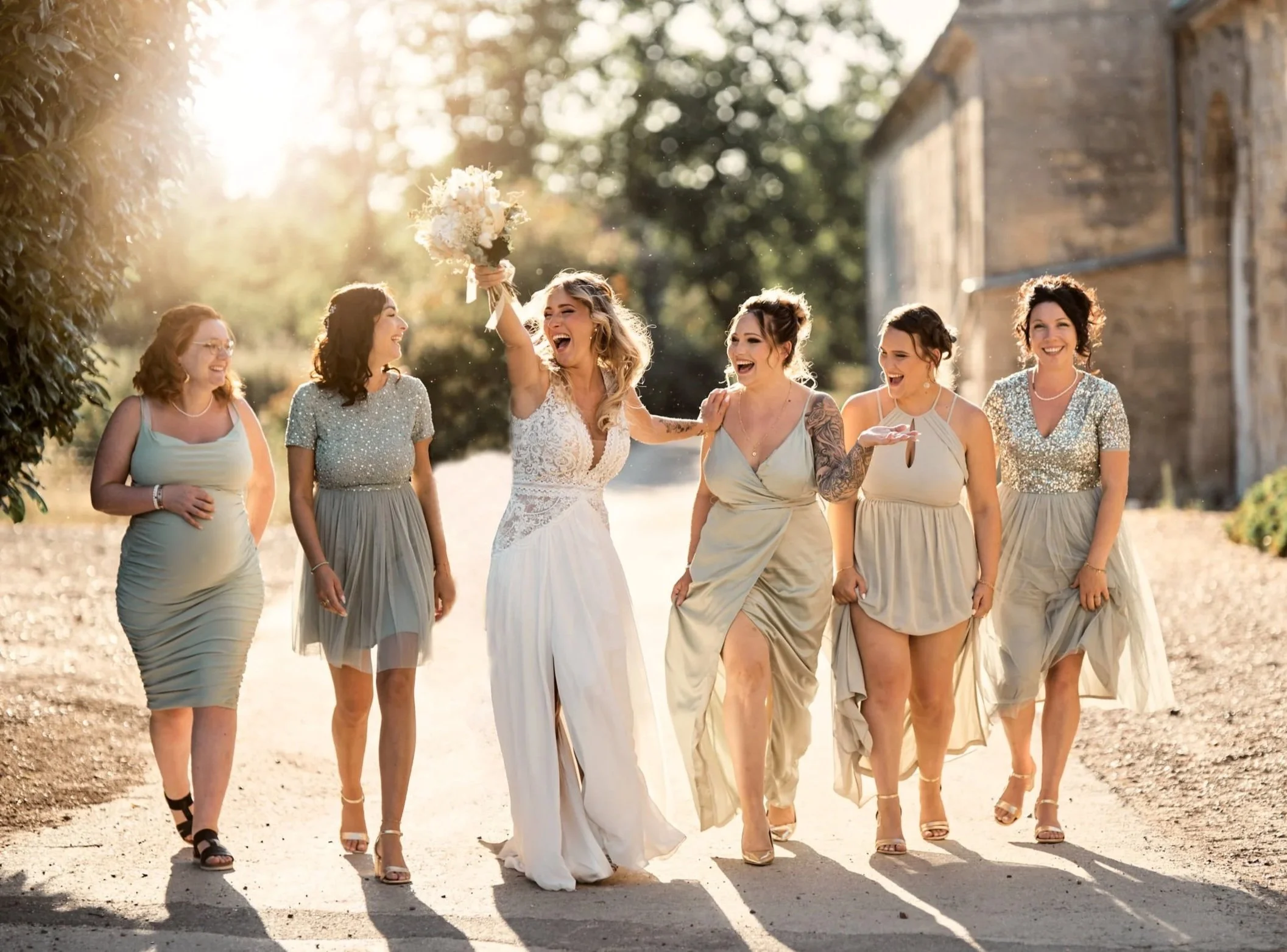 une mariée avec ses demoiselles d'honneur.