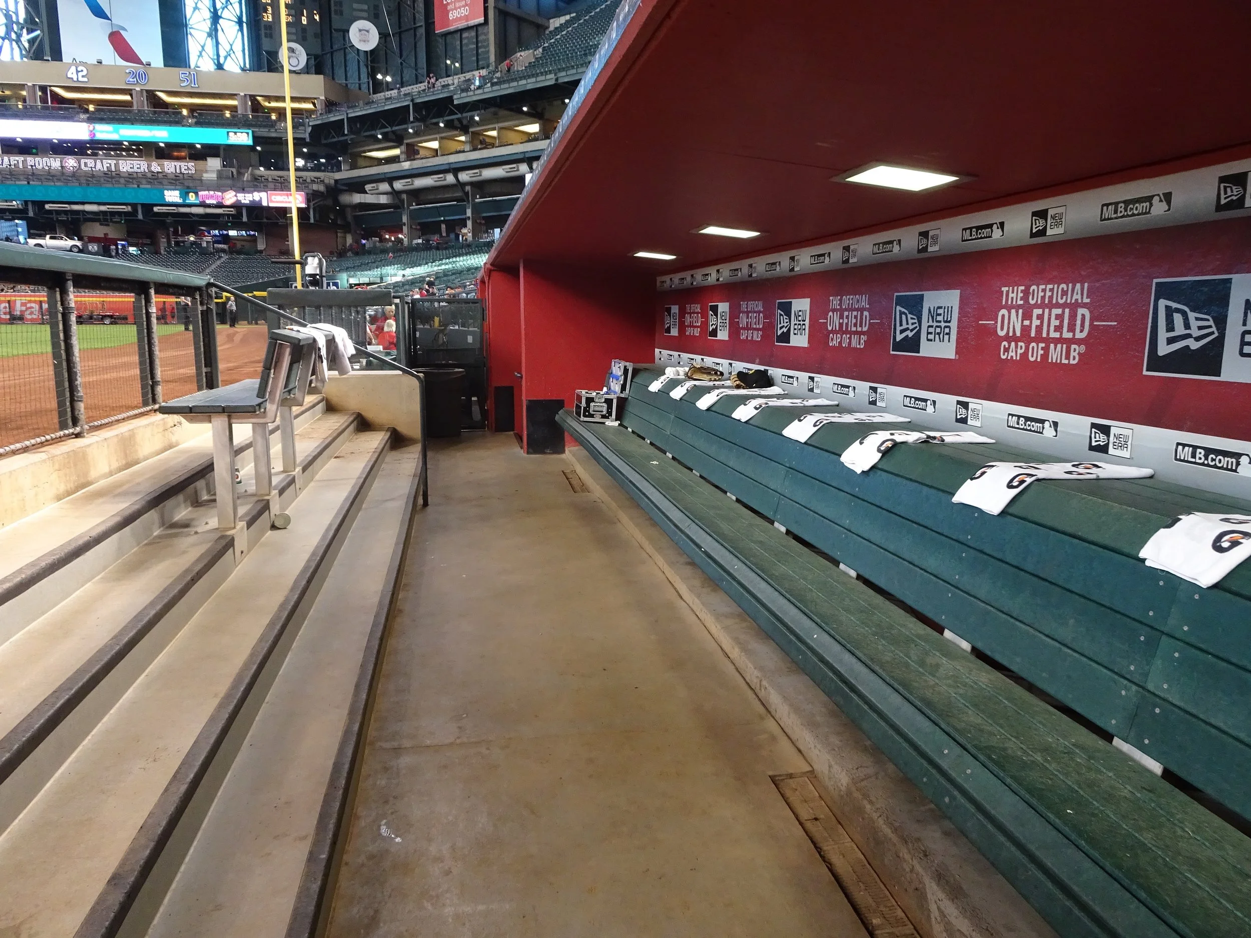 The Bat/Helmet Rack and Dugout – The roof on the visiting dugout at Chase Field is one of the lower ones in baseball. The taller personnel must use the lower bench. 