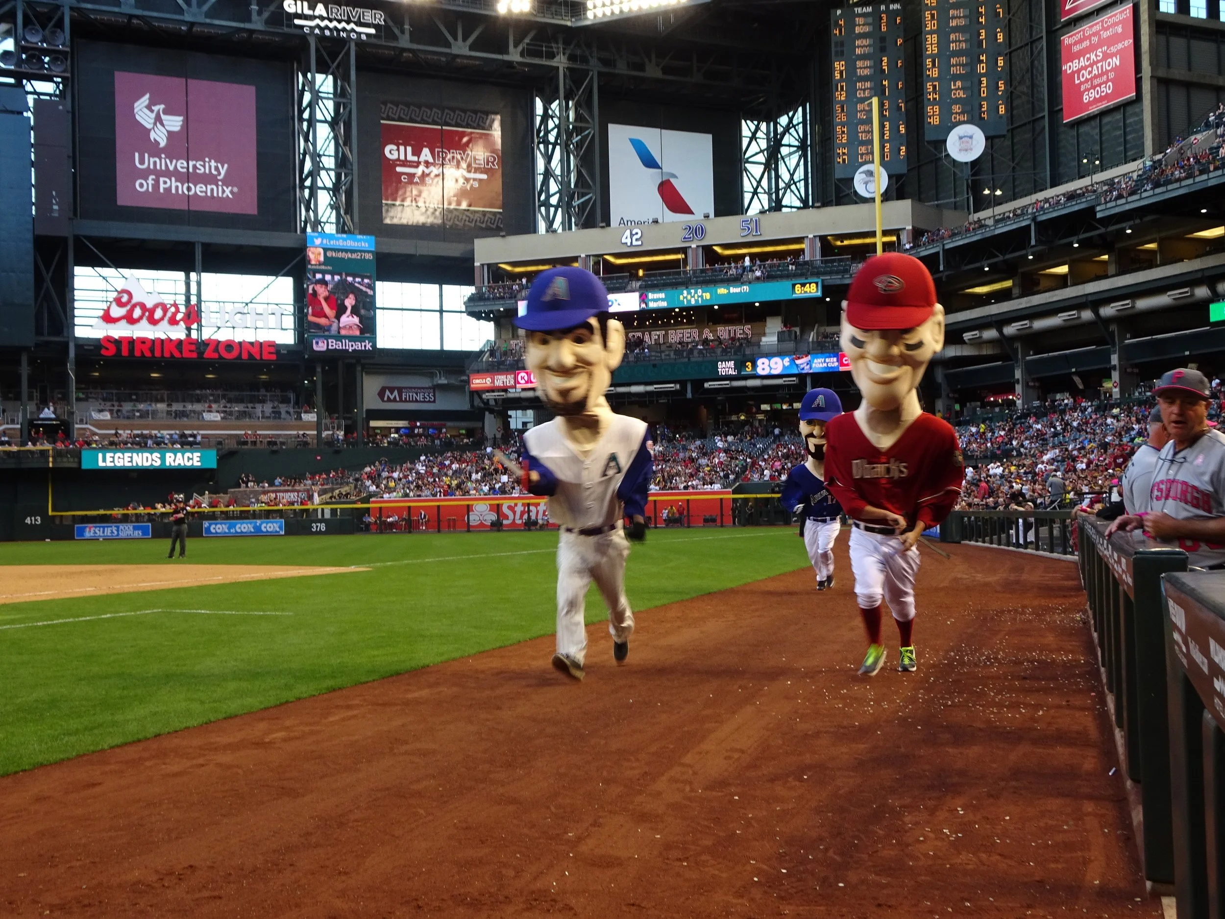 The Legends Race – At the end of the 5th inning of each game at Chase Field, the likenesses of Diamondbacks legends Mark Grace, Matt Williams, Randy Johnson, and Luis Gonzalez sprint from the right field foul pole to the finish line, located at th