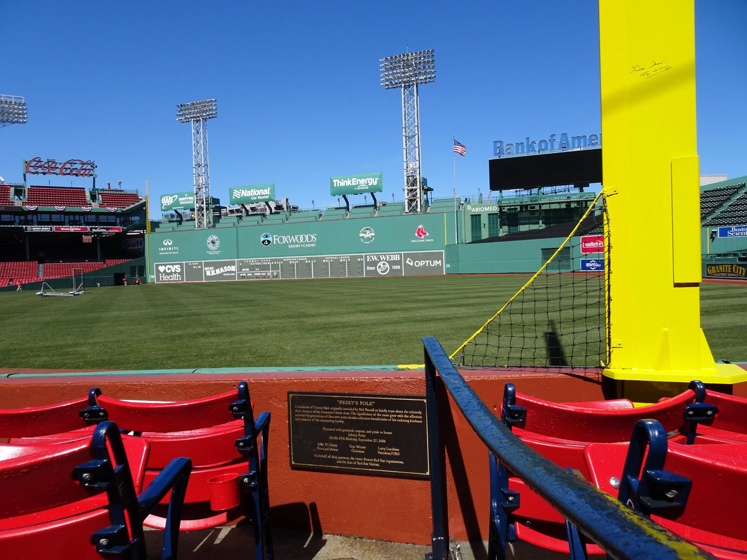   Pesky’s Pole Plaque  – Just inside Pesky’s Pole at Fenway, this plaque explains the history. Pesky’s Pole in right field is just 302 feet from home plate, making it the shortest right field in Major League Baseball.&nbsp;&nbsp; 