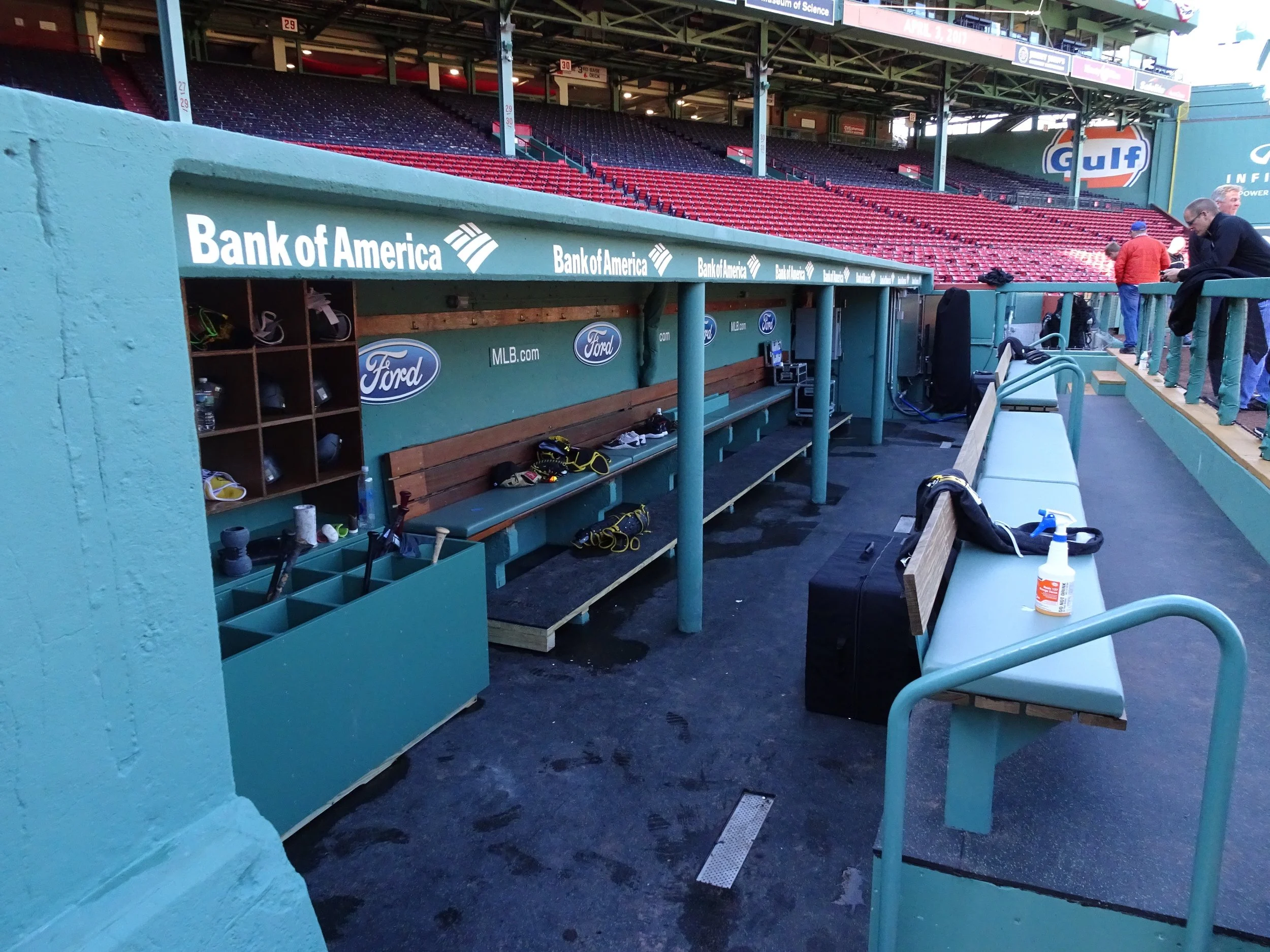  Look at those pillars!&nbsp; A small dugout to begin with, Fenway Park’s visitor’s dugout has three large pillars along the bench, obstructing the view of players, coaches and staff. 
