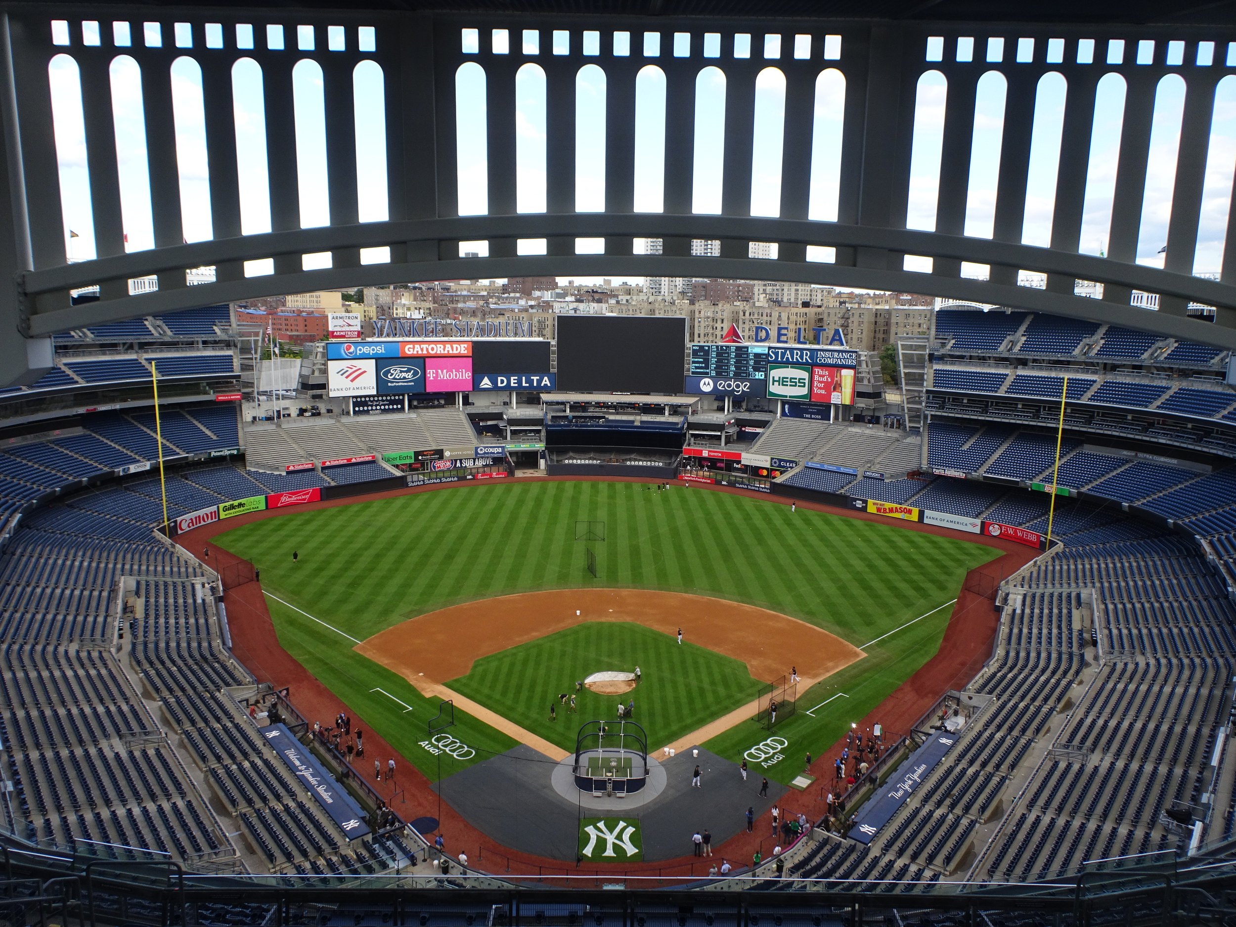   A scenic shot of Yankee Stadium  from the highest point behind home plate that includes the famous “ornate frieze” that adorns the top of the ballpark.&nbsp; Serving no functional purpose, the original frieze was made from copper and lived at the o