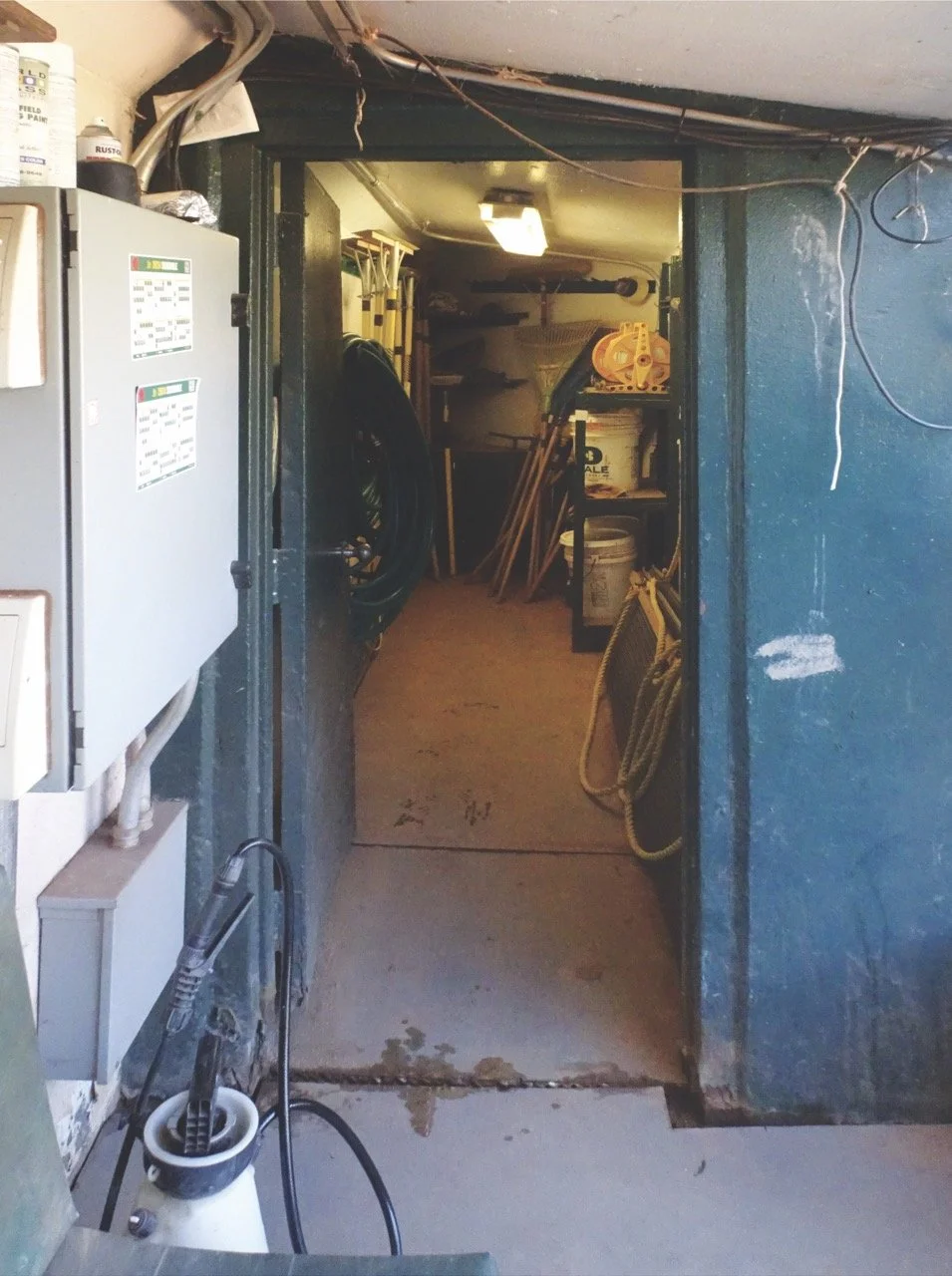  The Grounds Crew Room&nbsp;– Skinny and unaccommodating, the A’s grounds crew room was just big enough to hold MOST of their supplies.&nbsp;&nbsp;It sat the end of the A’s dugout, separated by a small wall.&nbsp;&nbsp; 