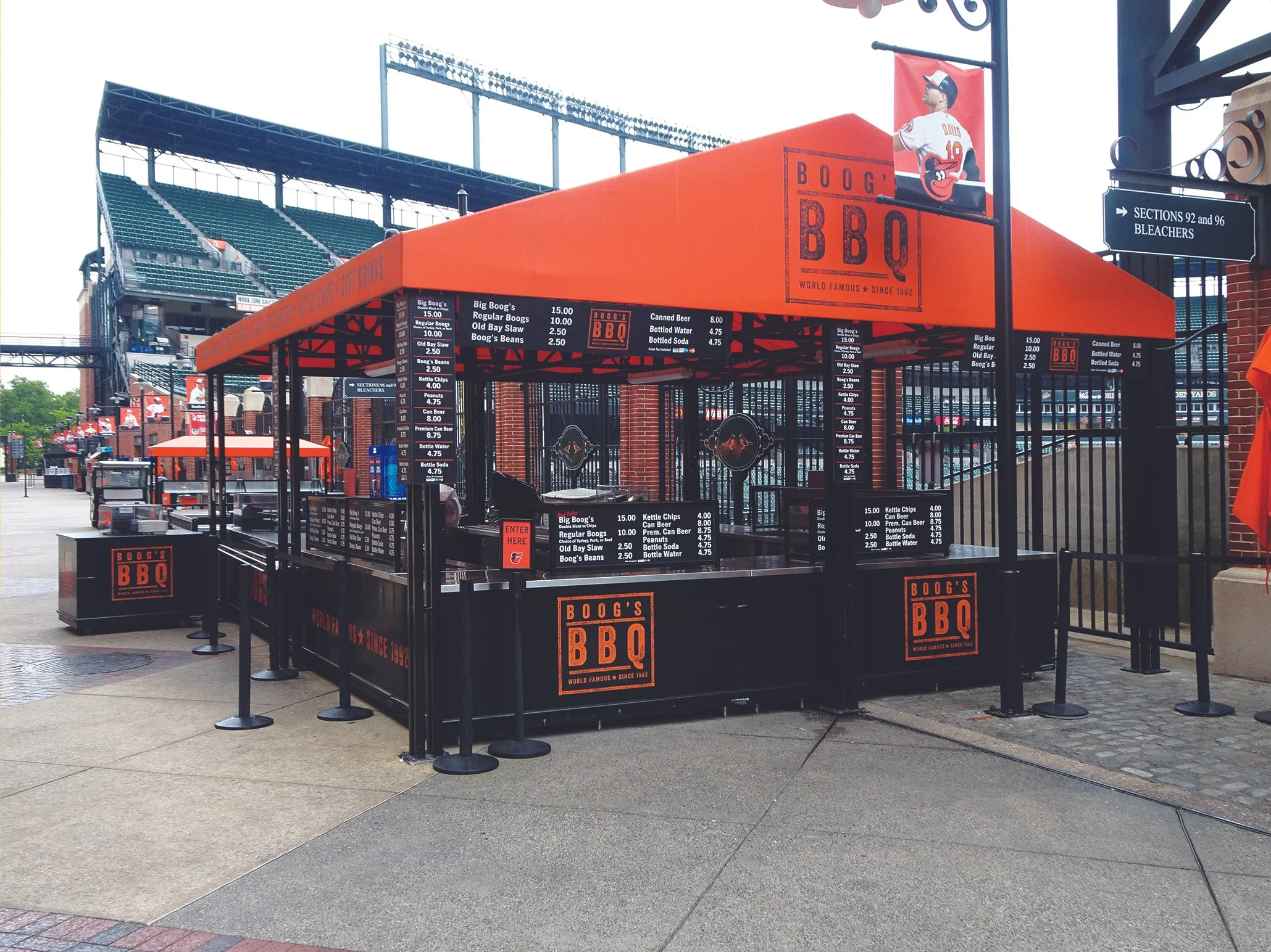   Boog’s BBQ  – Named after 1970 AL MVP Boog Powell, Boog’s BBQ stand resides beyond right field and along The Warehouse on Eutaw Street.&nbsp; 