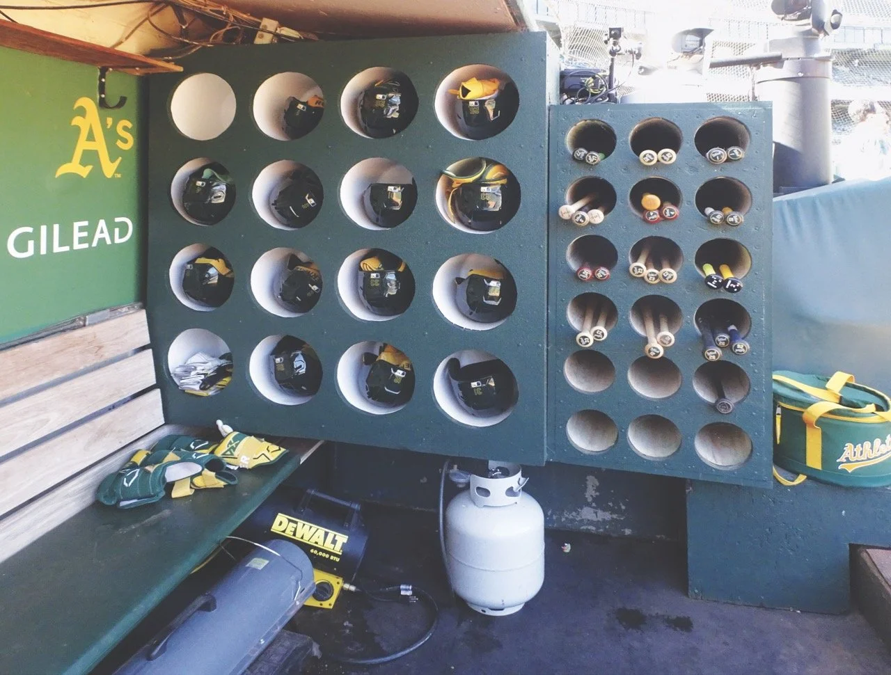  The A’s Bat/Helmet Rack (and propane tank)&nbsp;– A’s players used this bat and helmet rack at the far end of the dugout each home game.&nbsp;&nbsp;Hopefully they didn’t kick the portable propane tank at the bottom!&nbsp; 