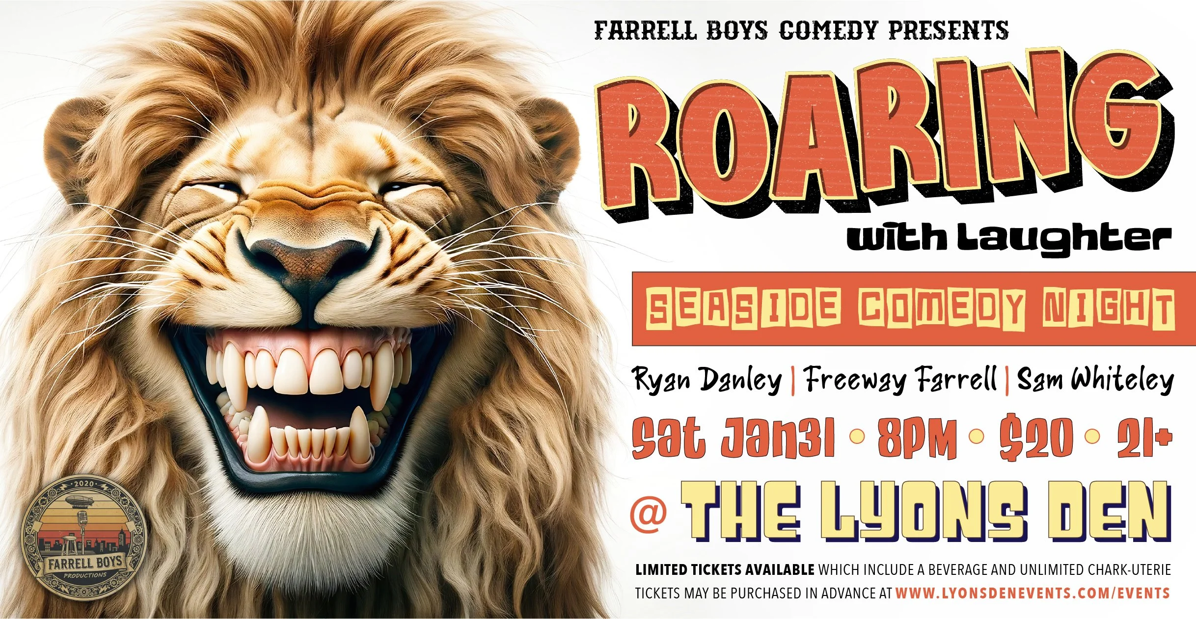 "Roaring with Laughter" Stand-up Comedy Night (Presented by Farrell Boys Productions) LIVE @ The Lyons Den
