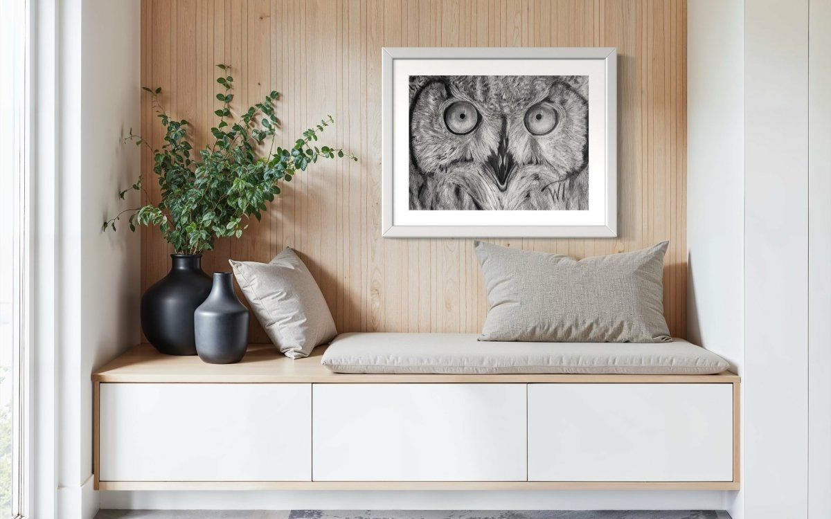 Japanese luster paper hyper-realistic Grey Owl - Walter Telemans Art Studio