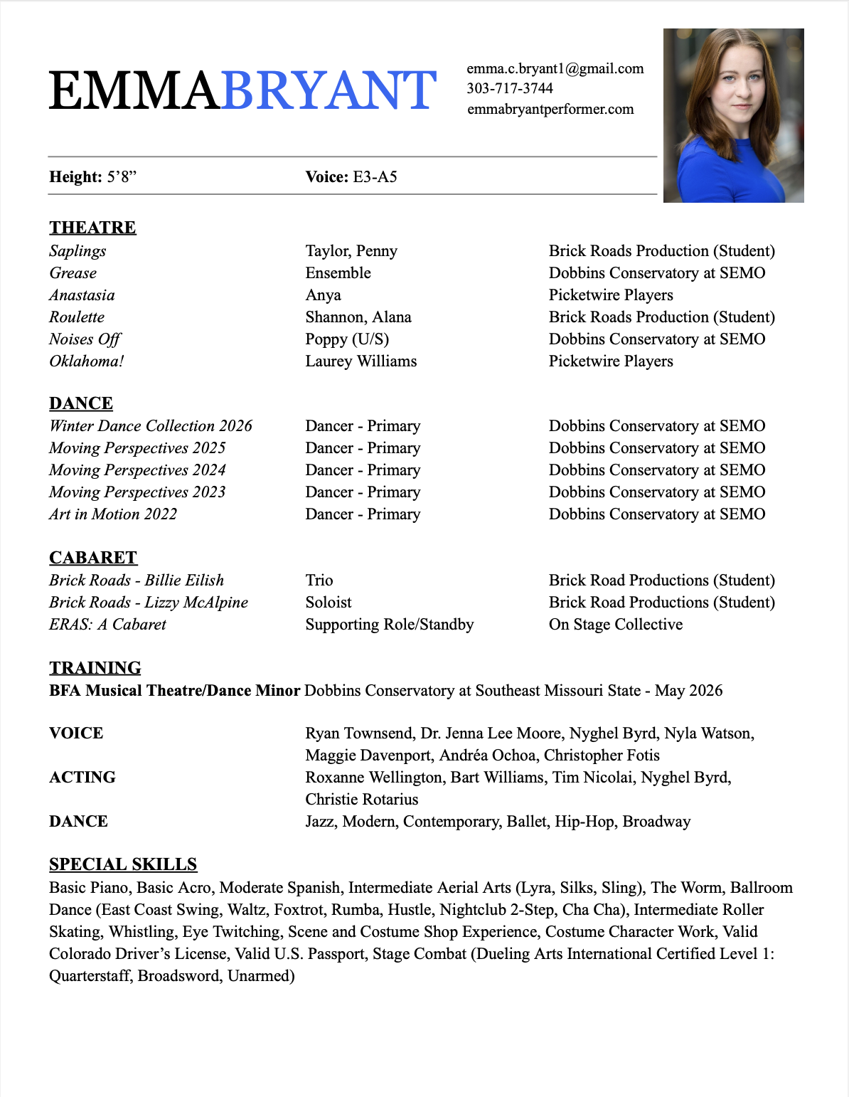 A resume for Emma Bryant, featuring her contact information, height of 5'8", voice range E3-A5, and details of her theater, dance, and cabaret performances as well as a list of her training and skills.
