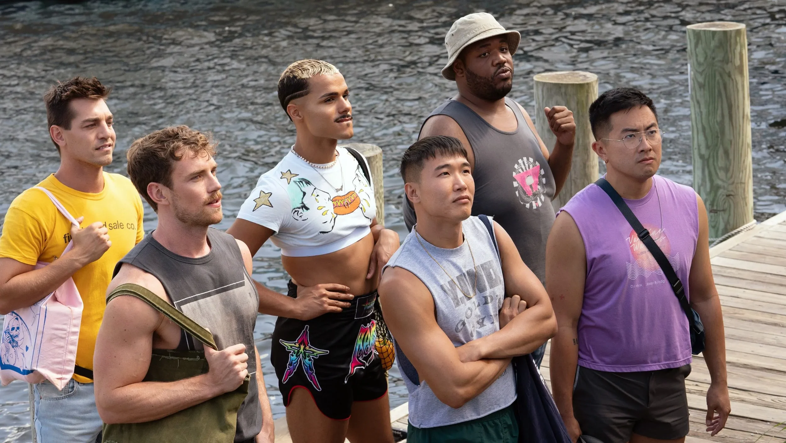 image of group of characters on a dock from movie fire island