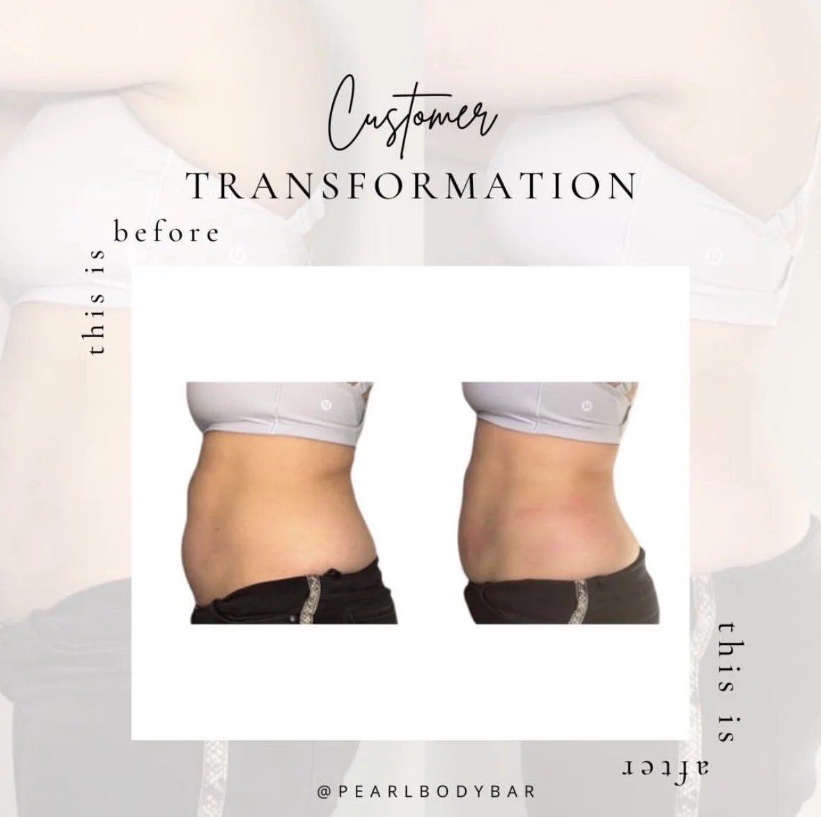 Side-by-side comparison of a woman's midsection before and after a body transformation, showing a reduction in waist size.