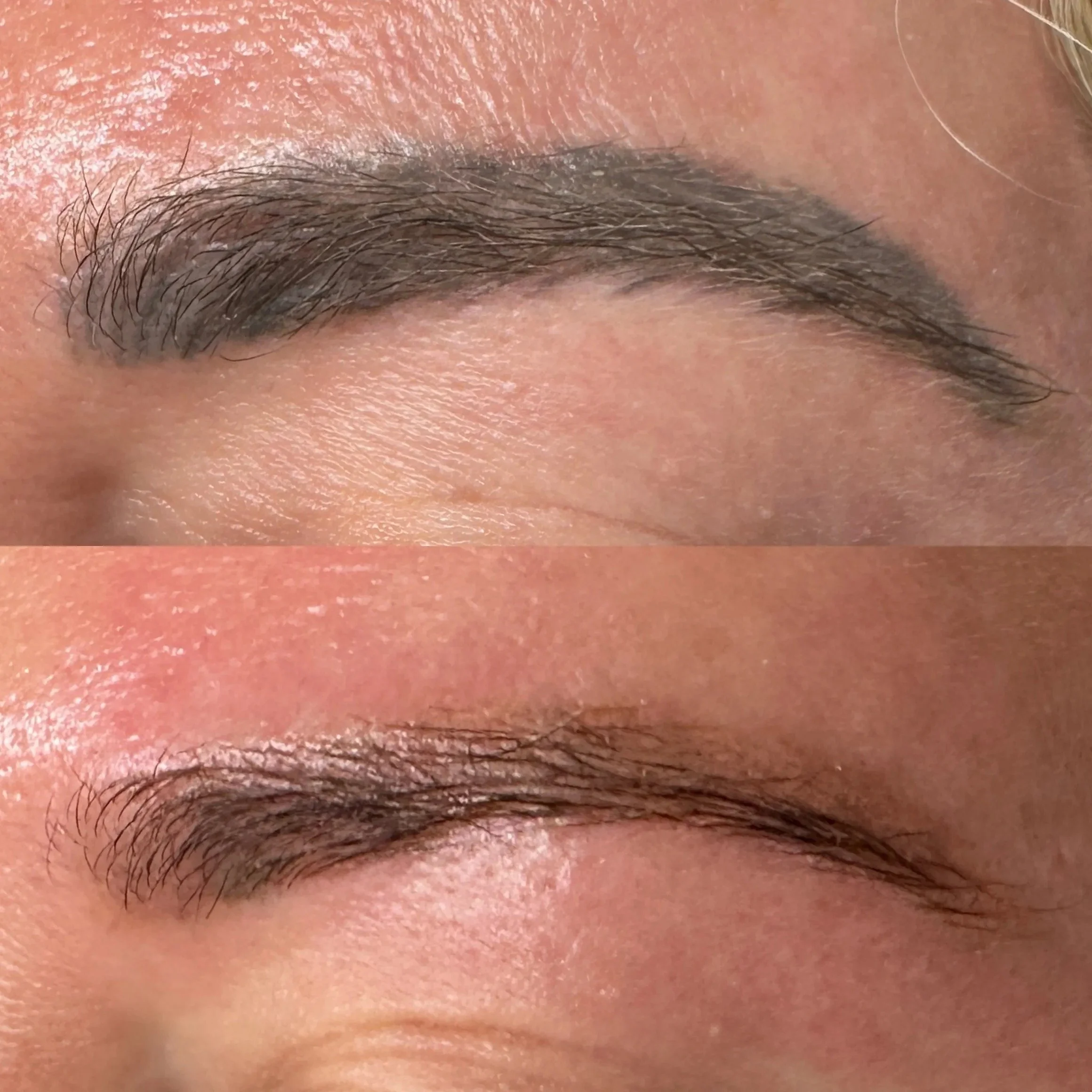 Close-up of a person's eyebrows and eyelids, one eye closed, showing the natural appearance and grooming of the eyebrows.