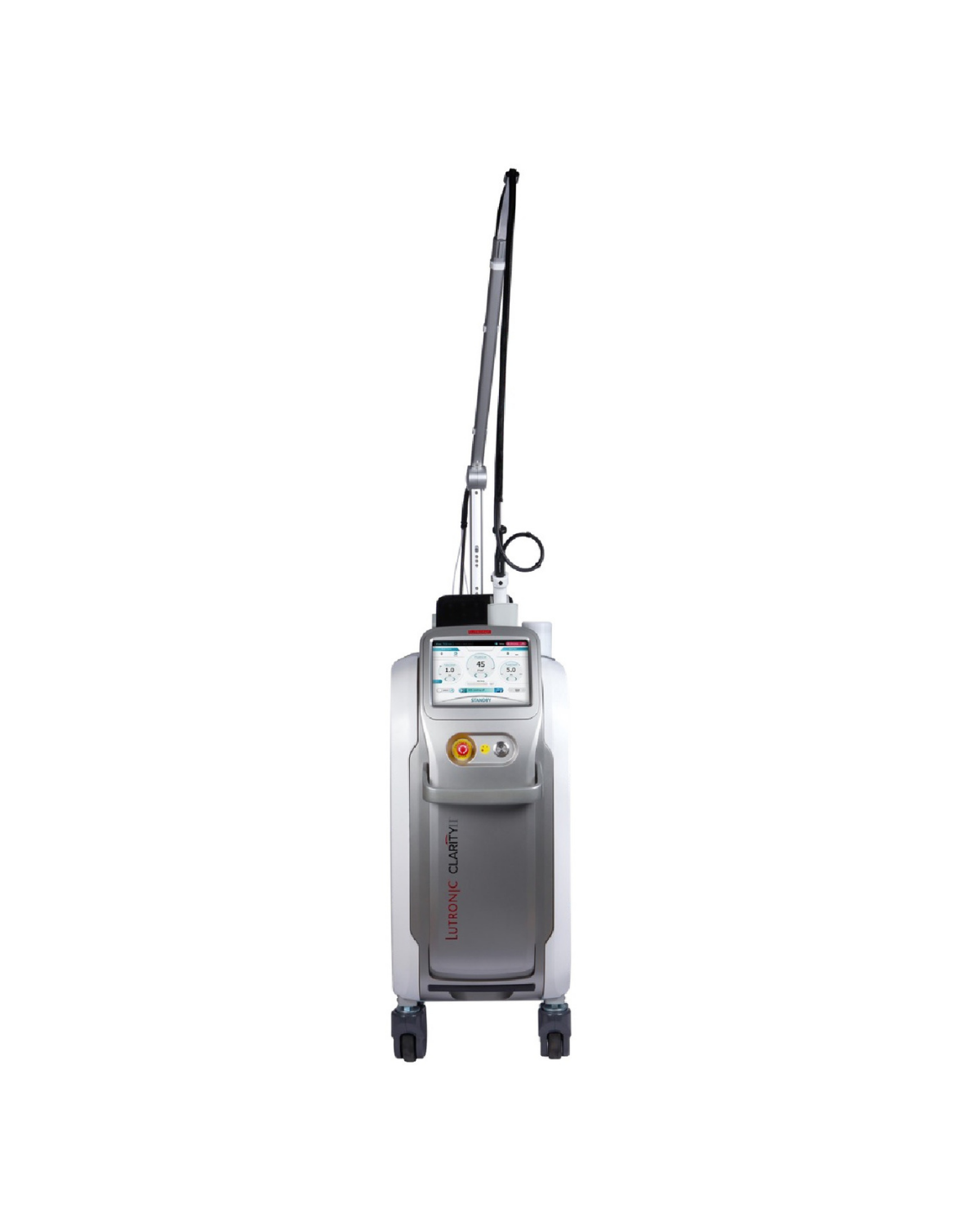 A medical laser device with a touch screen interface and a long, adjustable arm, labeled 'Lutronic Clarity'.