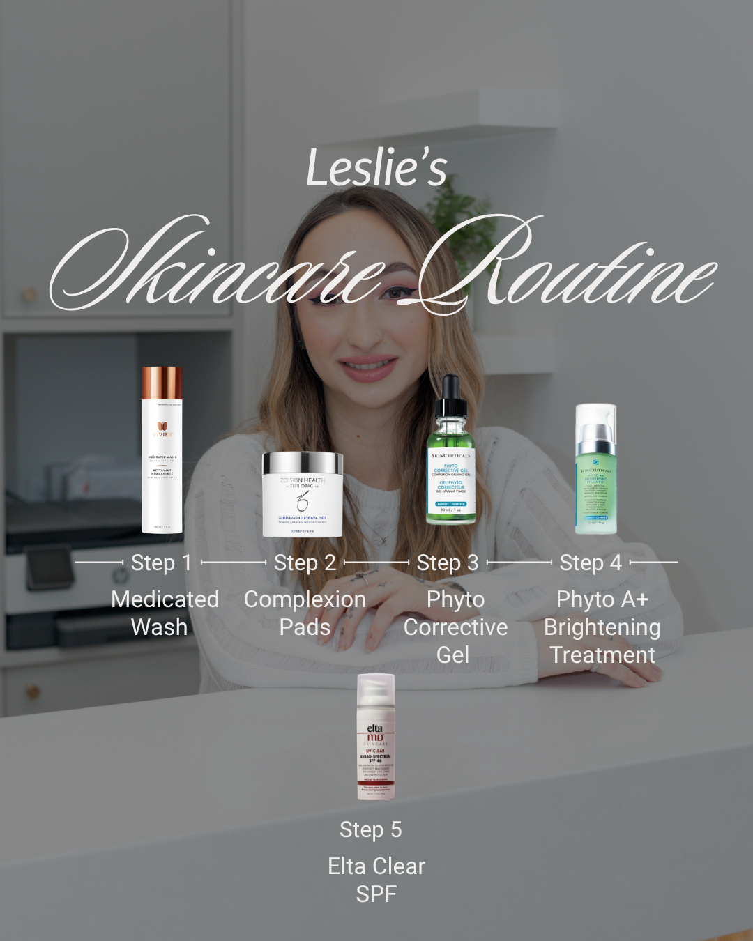 A woman with a skincare routine with five steps, displaying skincare products for acne prone skin.