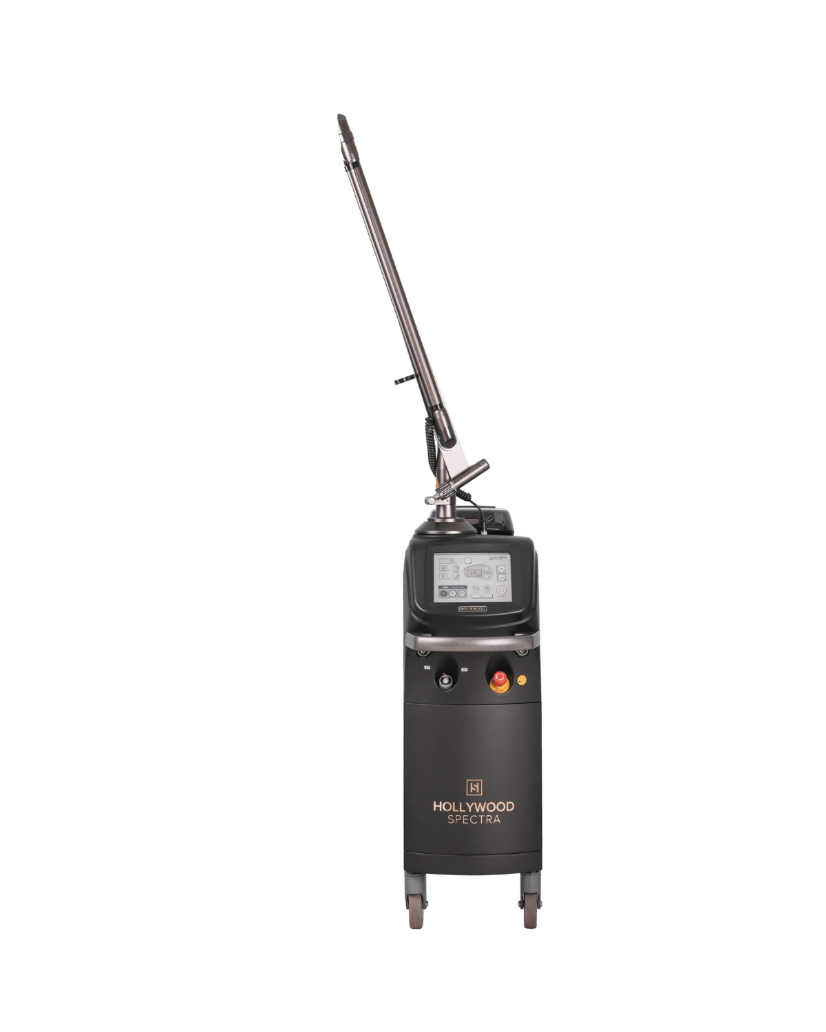 A medical laser device labeled 'Hollywood Spectra' with a control panel, on wheels, equipped with a long, adjustable handpiece.