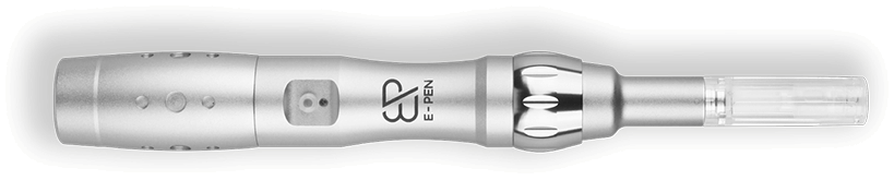 A close-up of a silver micro needling pen.