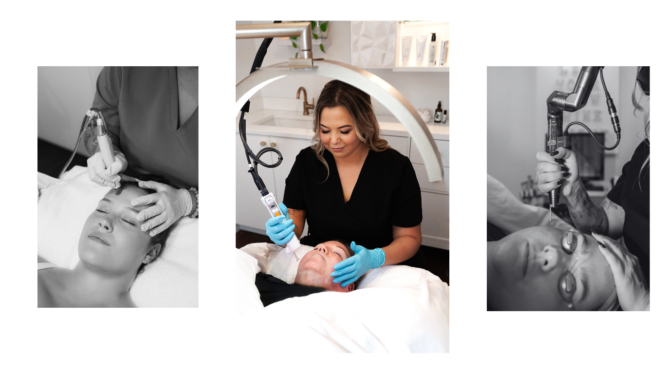 A woman receiving a facial treatment with a handheld device in a modern skincare clinic, wearing black scrubs and blue gloves, with a professional technician performing the procedure. Glow Artistry Med Spa, White Rock, BC