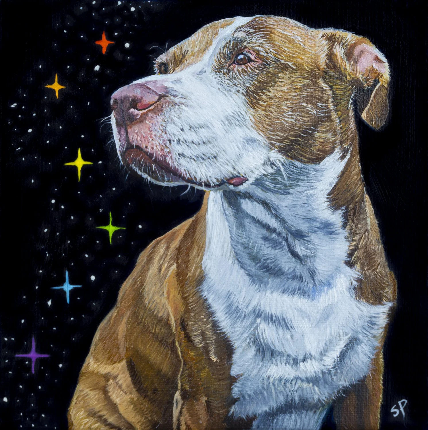 Painting of a brown and white dog, possibly a pitbull, with a background of black space with colorful stars.