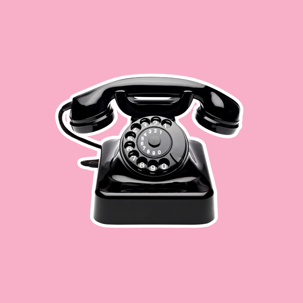 Black rotary telephone on a pink background.