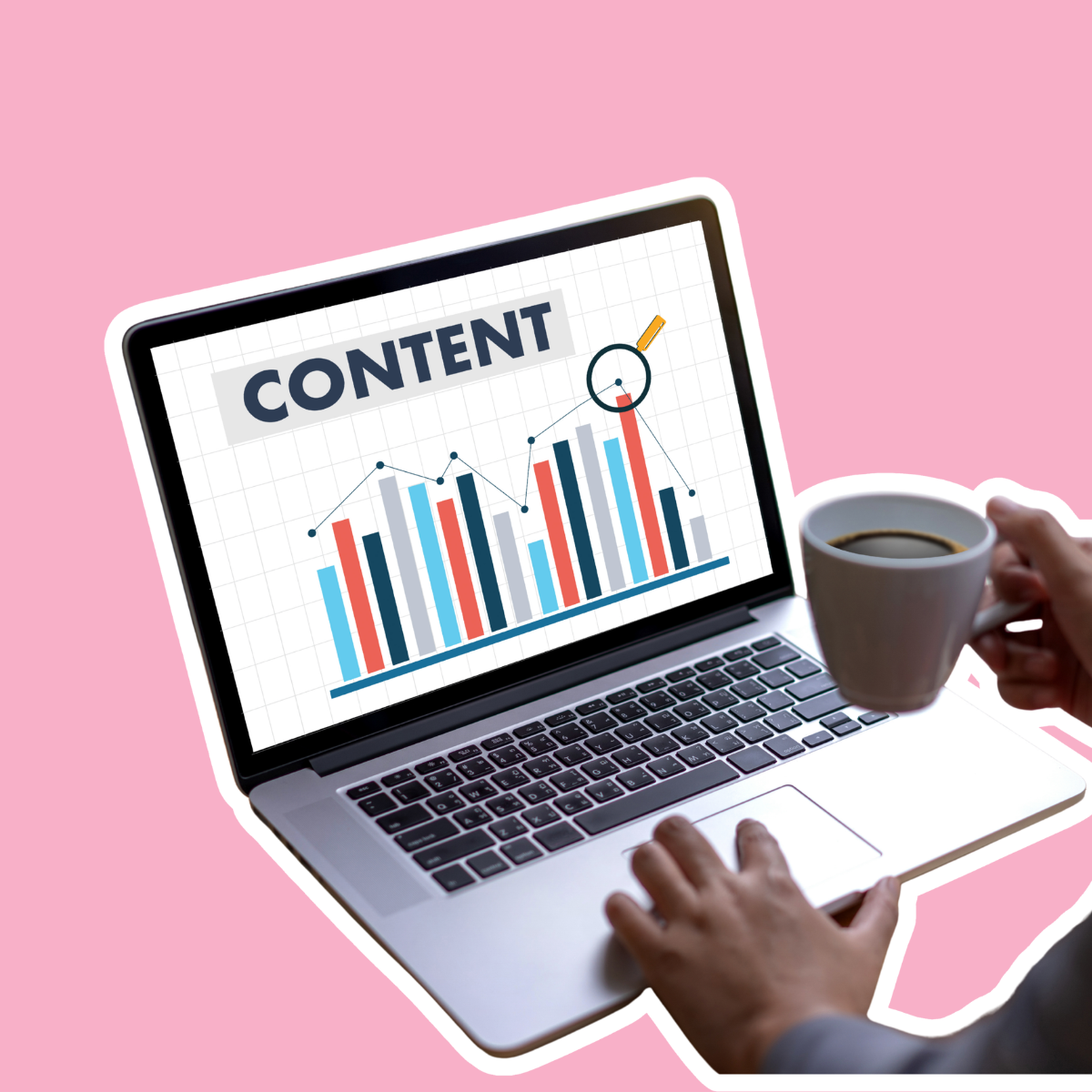 A person holding a coffee cup in front of a laptop displaying a bar graph and the word 'CONTENT' at the top, with a pink background.