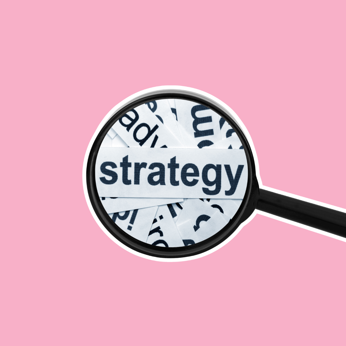 Magnifying glass focusing on the word 'strategy' amid broken pieces with the word 'ad' in the background, set against a pink background.