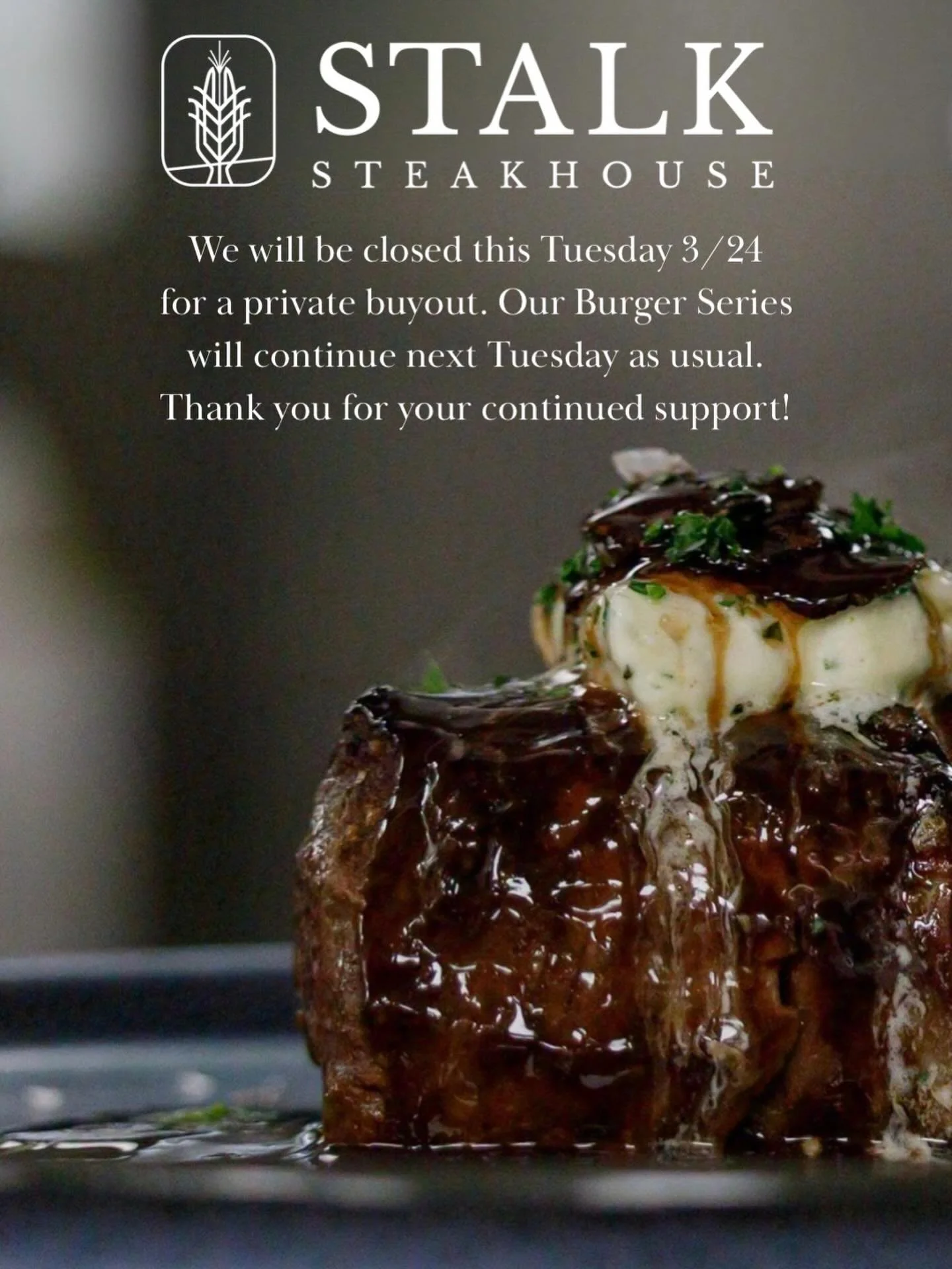 A quick update for our Tuesday regulars&mdash;

We will be closed for our Midwest Sandwich Series this week due to a full restaurant private buyout. We&rsquo;re incredibly grateful to continue hosting these special events and to see Stalk filled in s