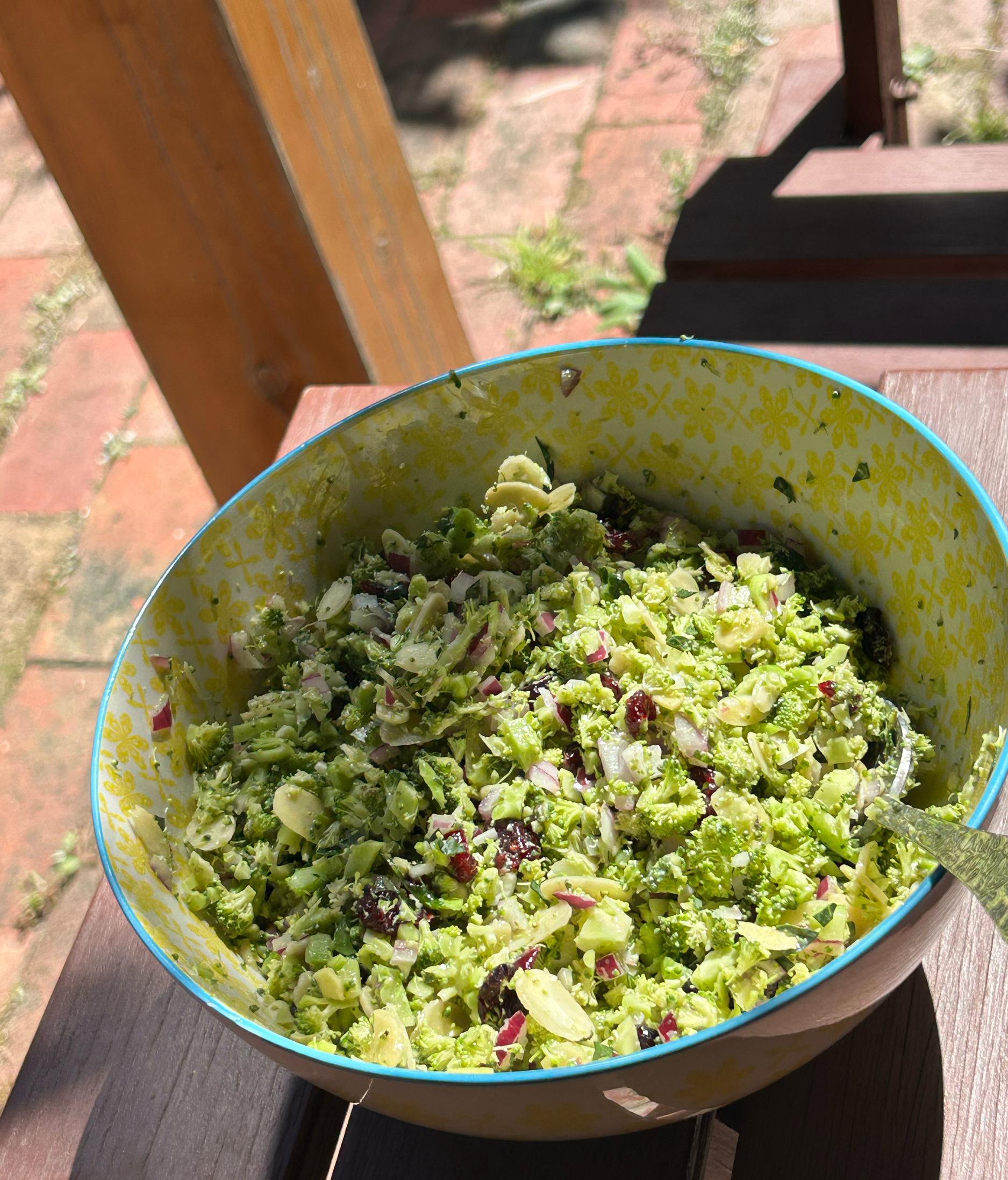Chopped broccoli salad with almonds, cranberries and Dijon dressing, a high-fibre, antioxidant-rich recipe to support gut health, butyrate production and microbiome diversity.