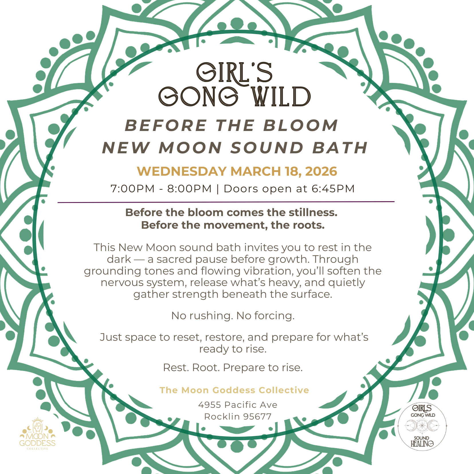 The Moon Goddess Collective -Rocklin | Before the Bloom  New Moon Sound Bath |  Wednesday March 18, 2026 7:00PM