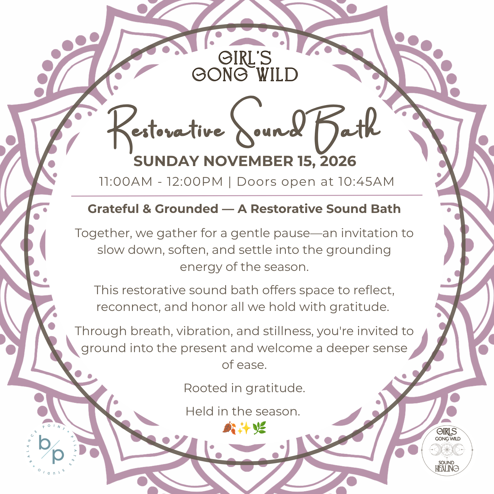 Balance Point Pilates Davis | Restorative Sound Bath | Sunday November 15, 2026 | 11:00AM - 12:00PM
