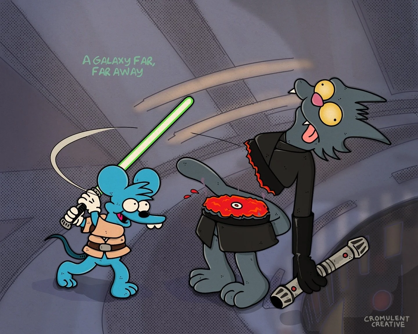 bite &amp; fight, slice &amp; dice! 🐭🐈&zwj;⬛🌌🚀
.
.
.
.
#itchyandscratchy #itchyandscratchyshow #darthmaul #kenobi #duelofthefates #thesimpsons #starwars #art #cromulent #creative #artistsoninstagram