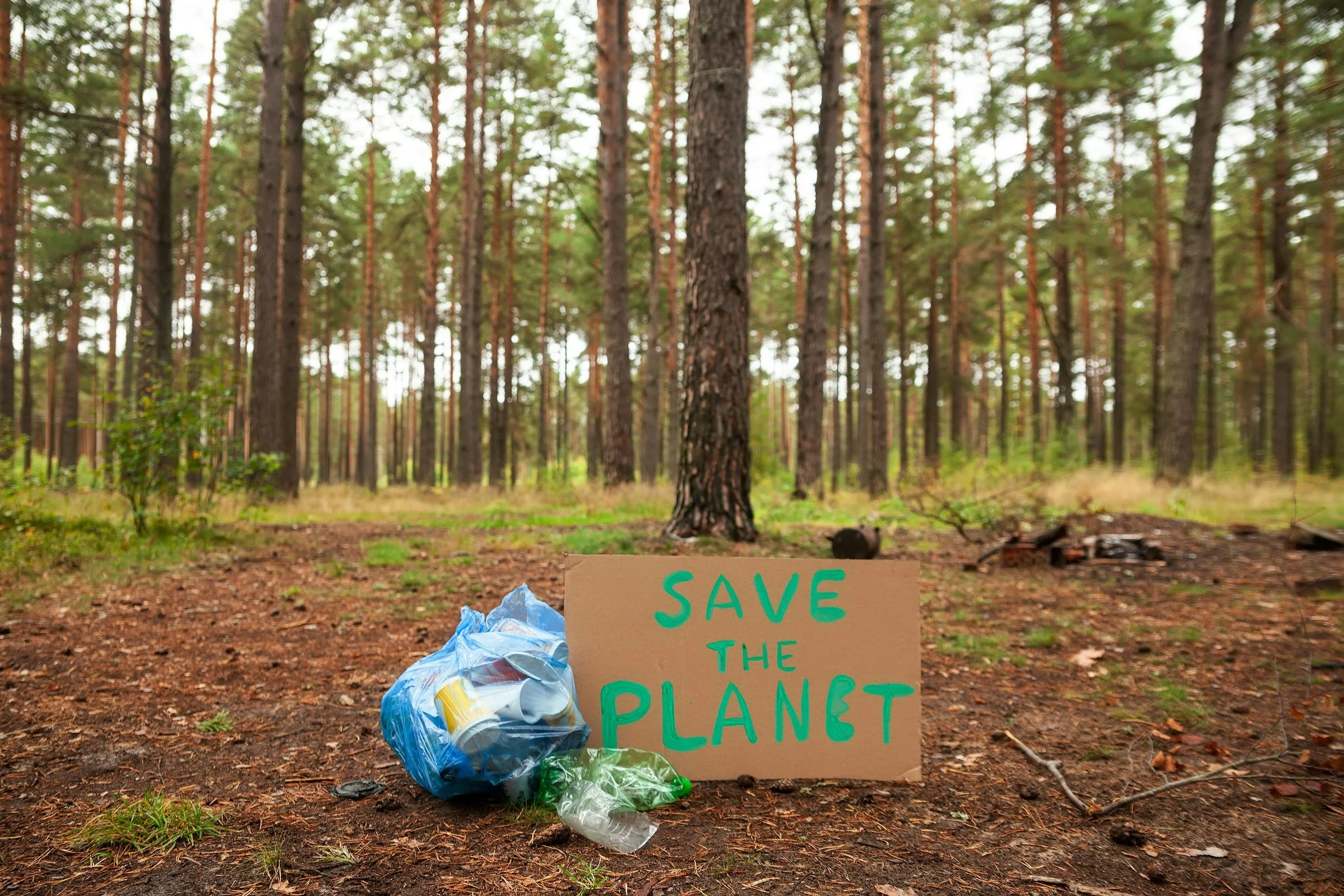 A cardboard sign with green and blue writing that says 'Save the Planet' is placed on the forest floor next to a bag of trash, with trees and greenery in the background.