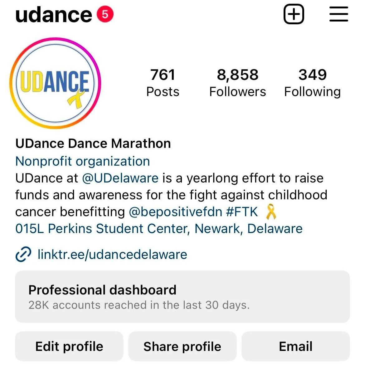 Screenshot of a social media profile for UDance Dance Marathon, showing their logo, 761 posts, 8,858 followers, and 349 following, with a description of their nonprofit organization supporting childhood cancer awareness.