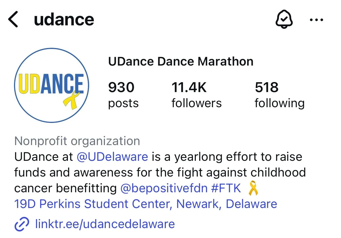 Screenshot of UDance Instagram profile featuring a logo with 'UDANCE' text, and a bio about a nonprofit organization supporting childhood cancer awareness and fundraising.