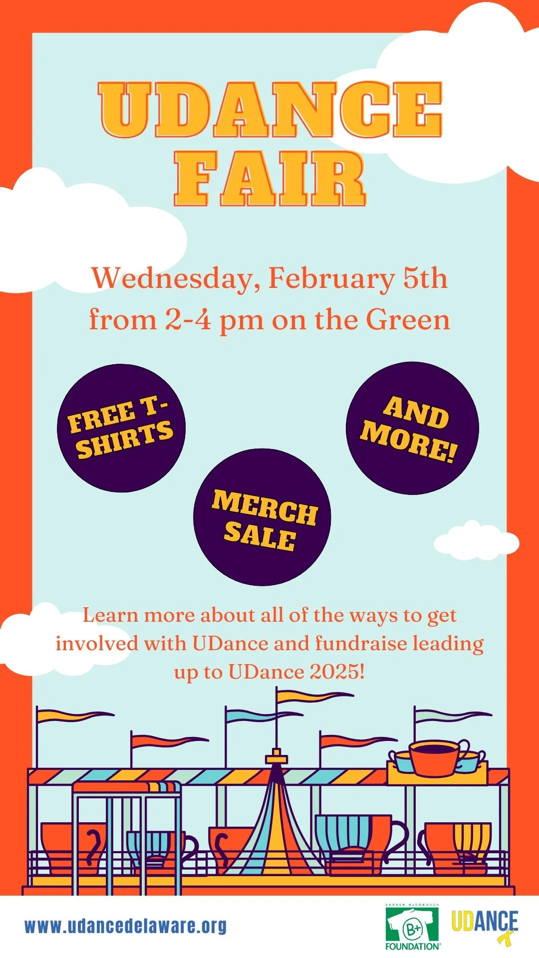Flyer for UDance Fair event with a carnival ride illustration at the bottom and clouds in the background. The event is on Wednesday, February 5th from 2 to 4 pm on the Green. It features free T-shirts, a merchandise sale, and more, with information about involvement and fundraising.