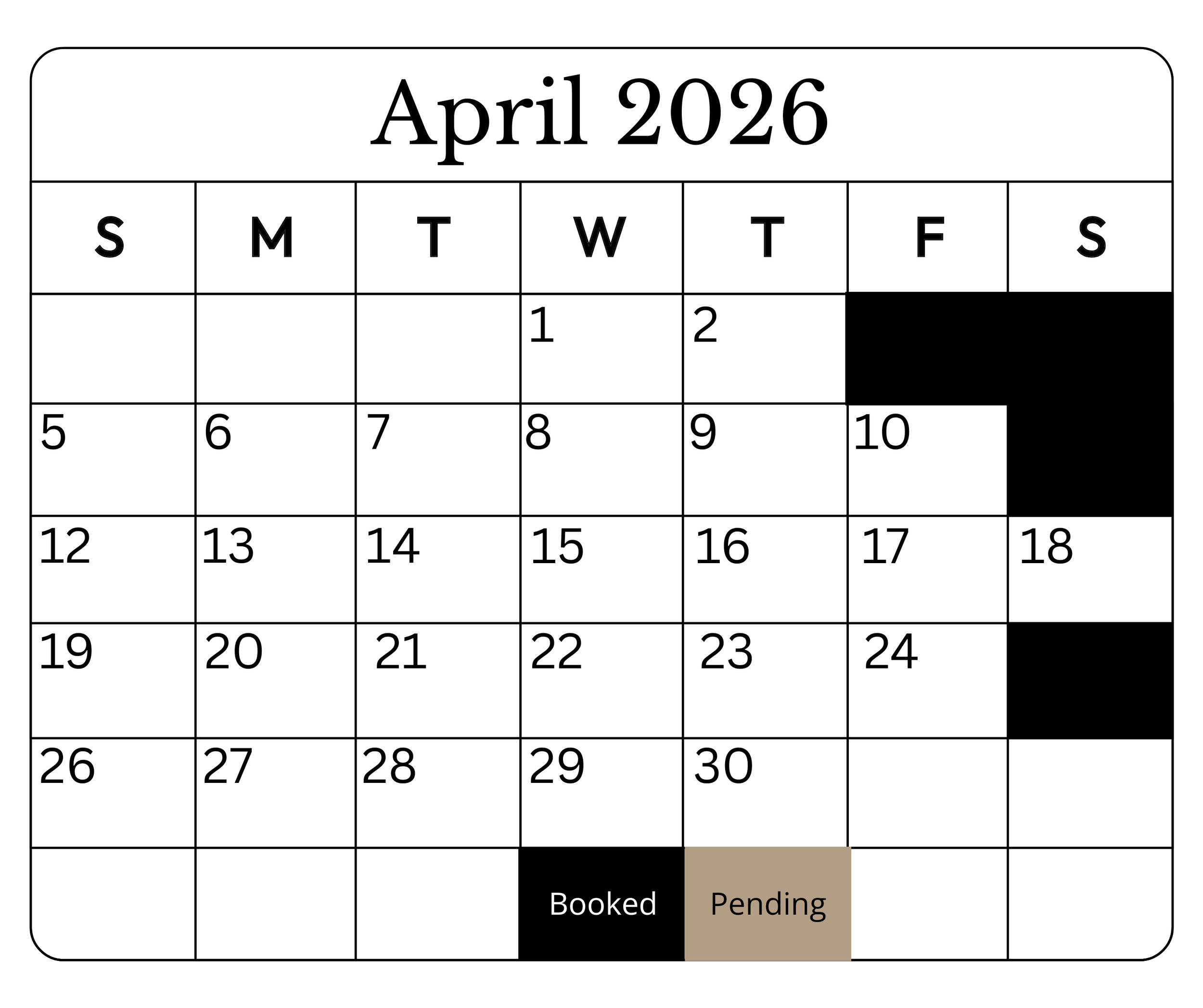 April 2026 calendar with days marked, Booked on April 29 and Pending on April 30.