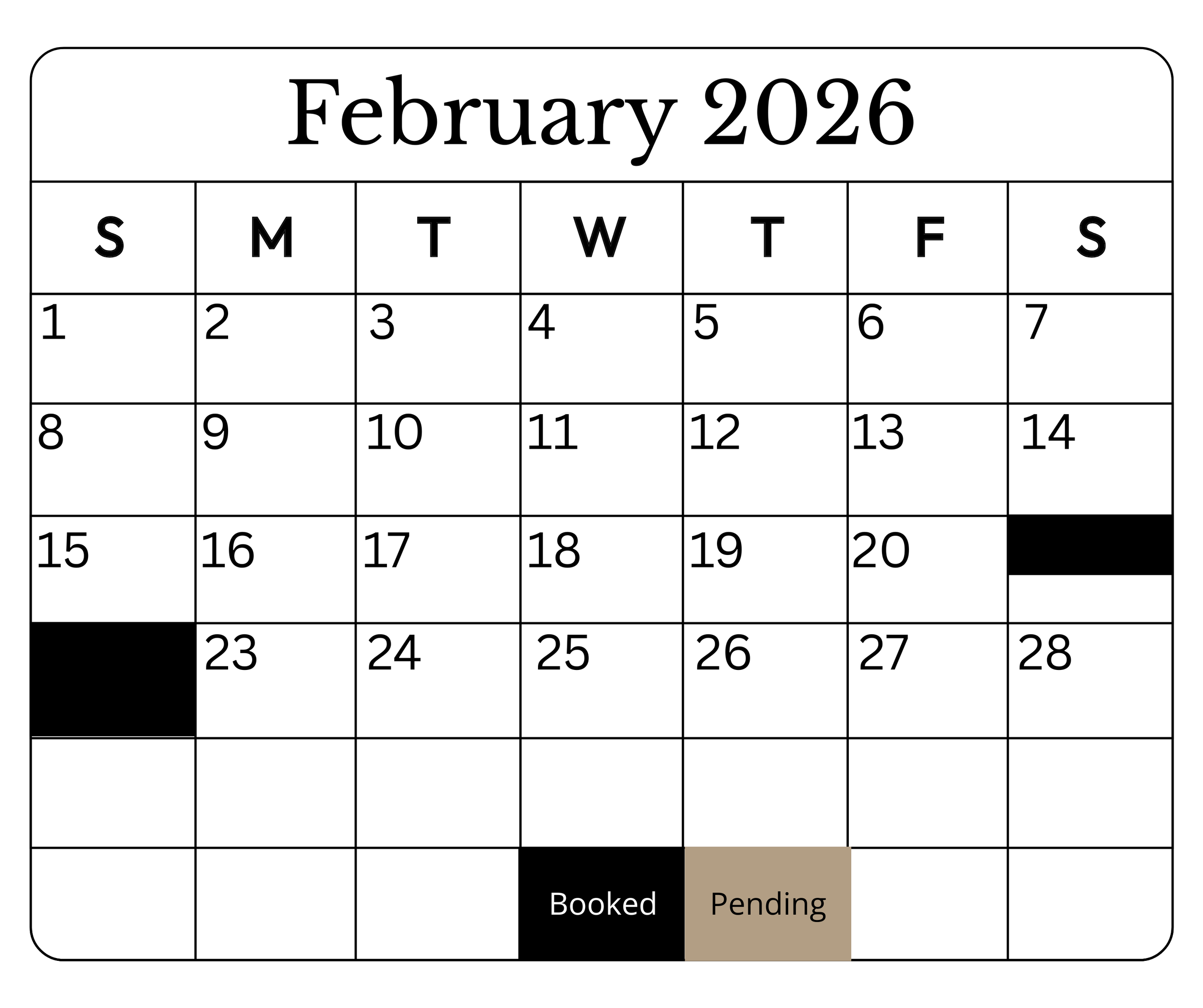 February 2026 calendar with booked and pending dates marked. Booked on February 22, pending on February 26.
