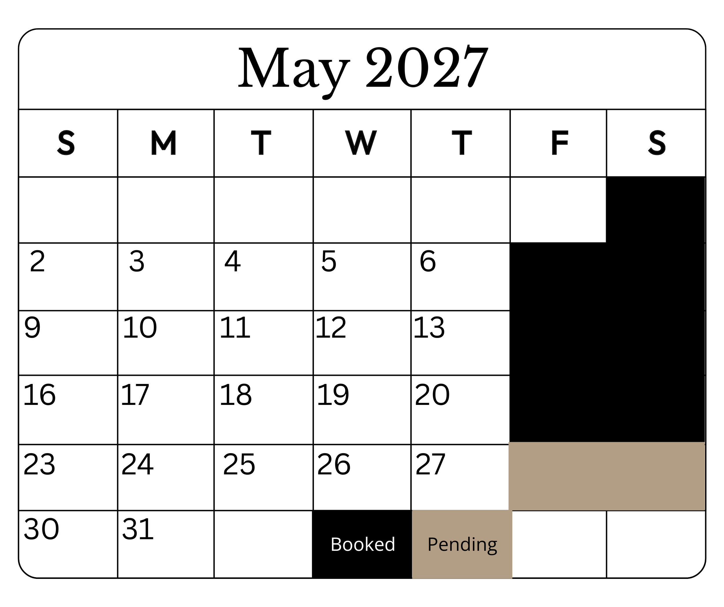Calendar for May 2027 showing dates with scheduled, booked, and pending events. The 7th, 14th, 21st, and 28th are marked as scheduled, the 30th as booked, and the 27th as pending.