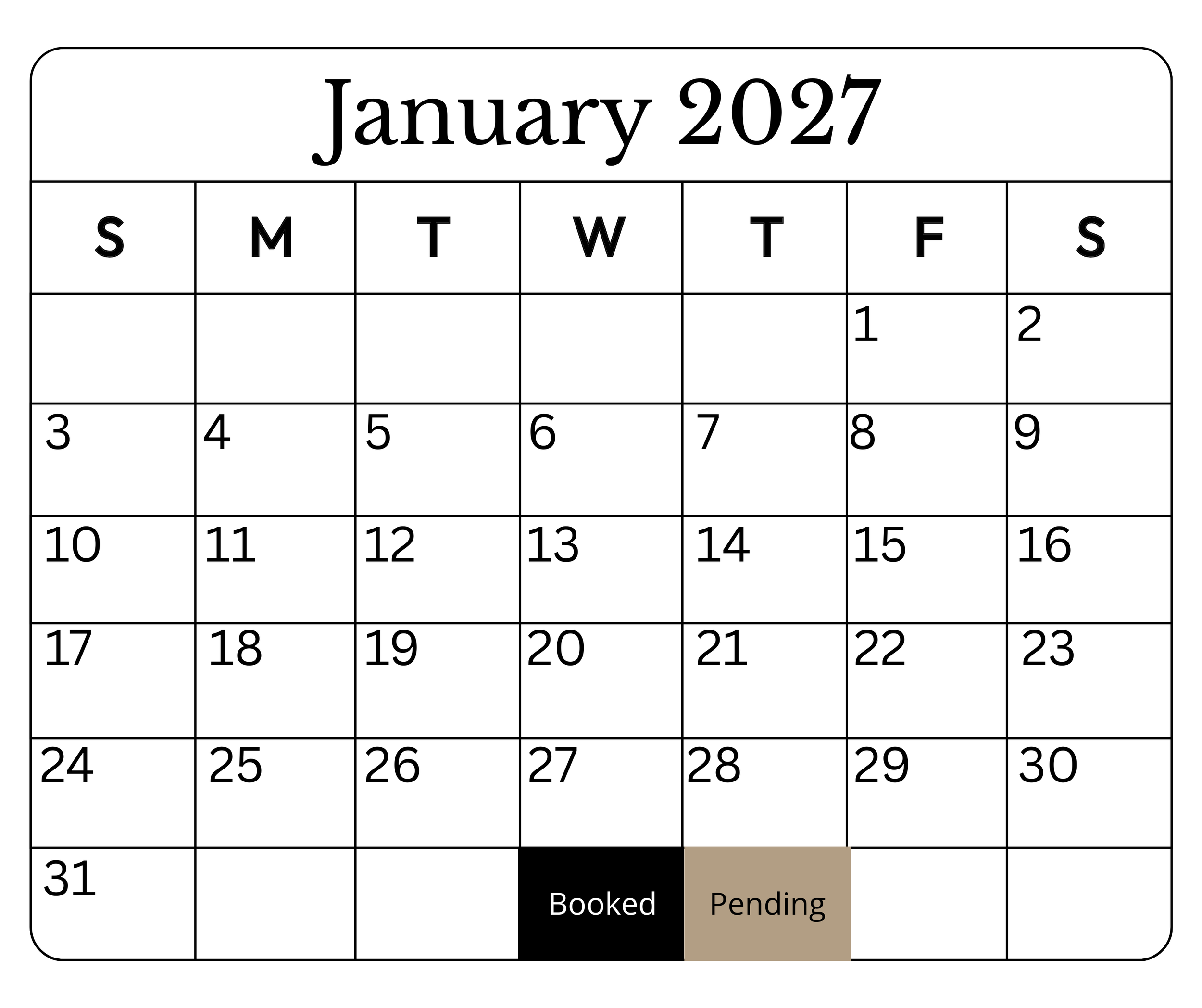 January 2027 calendar with the 31st marked as booked with a black label and pending with a brown label.