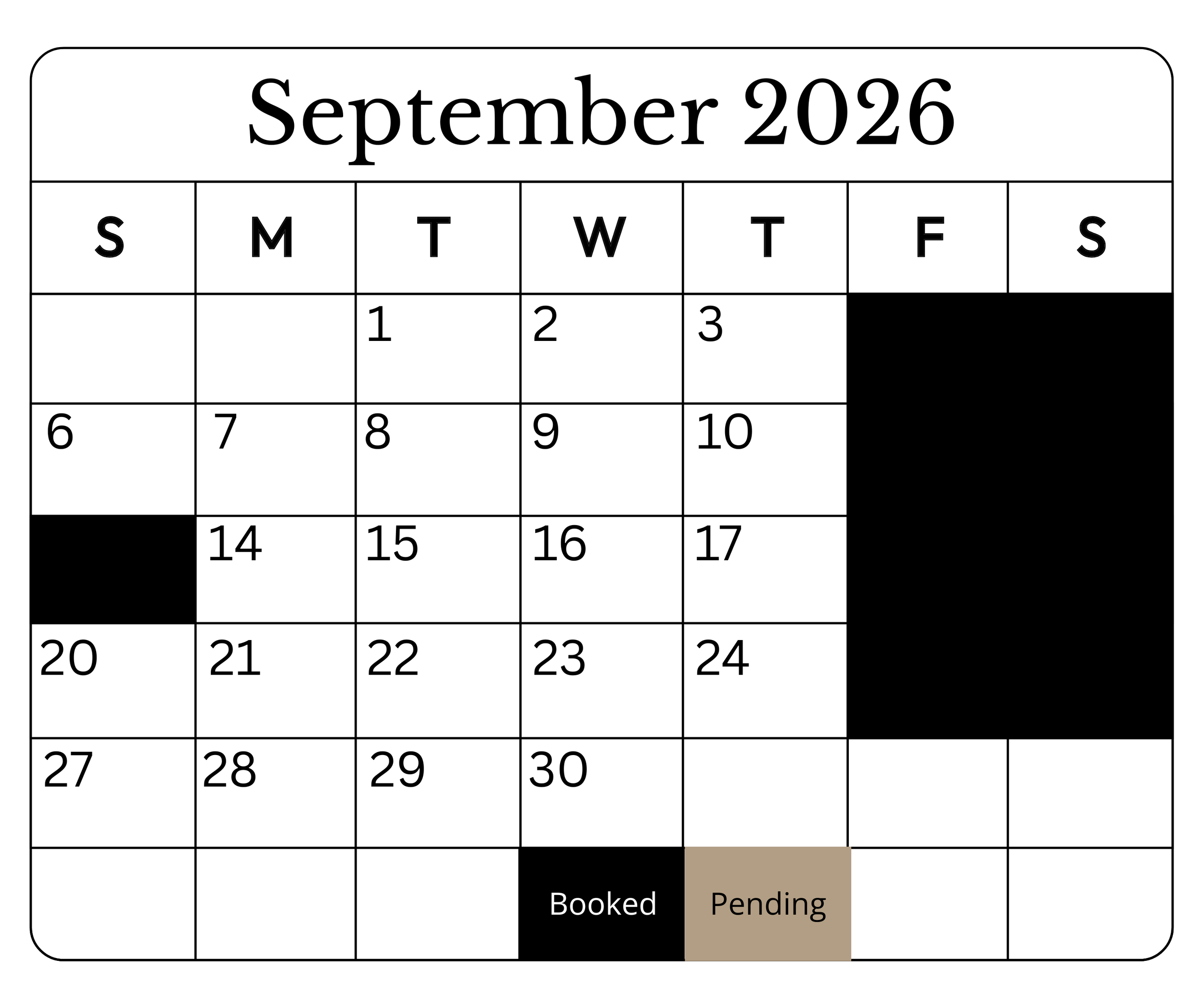 September 2026 calendar with dates marked as booked and pending, including black and brown color coding.