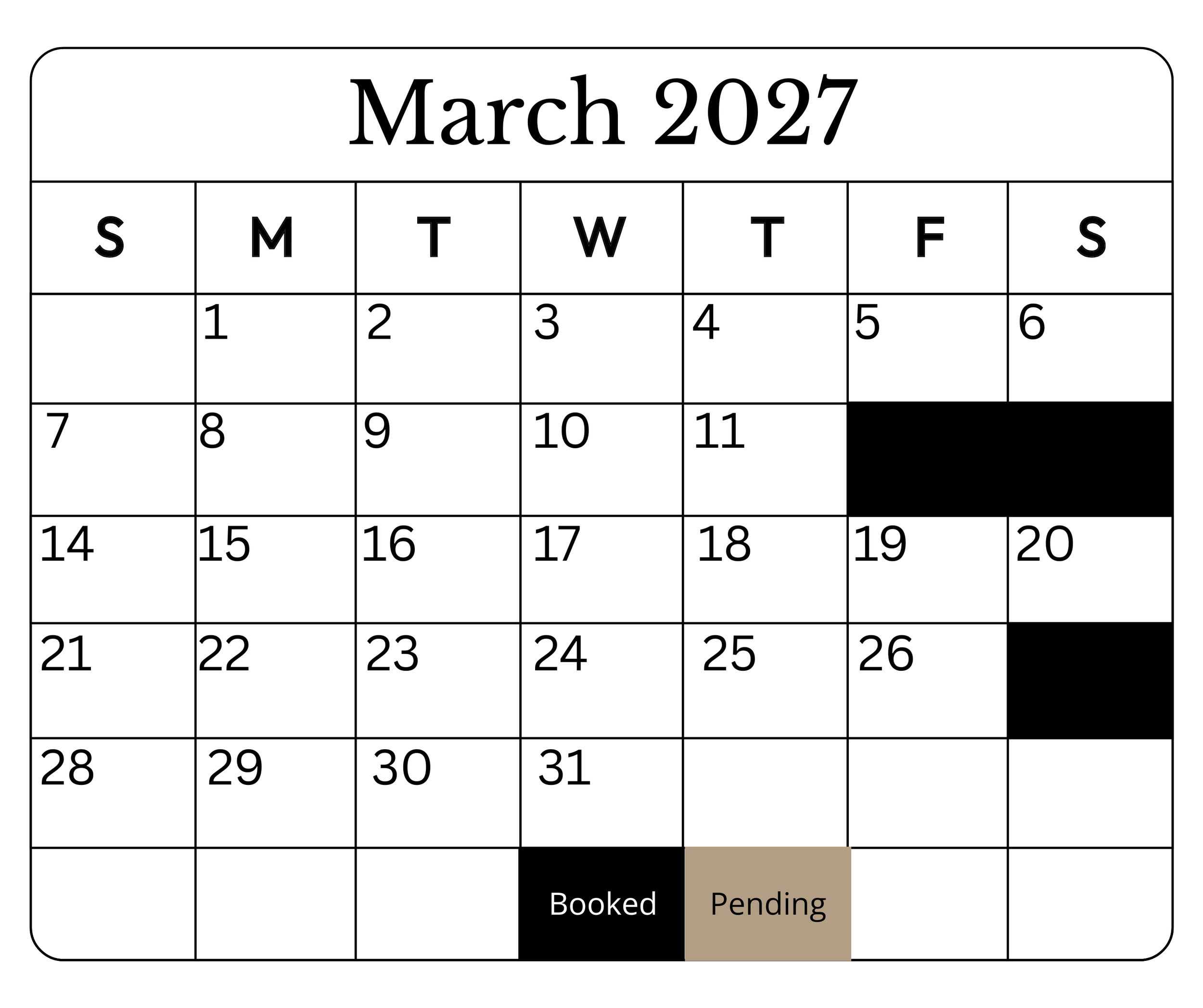 March 2027 calendar displaying booked on the 30th and pending status on the 31st.