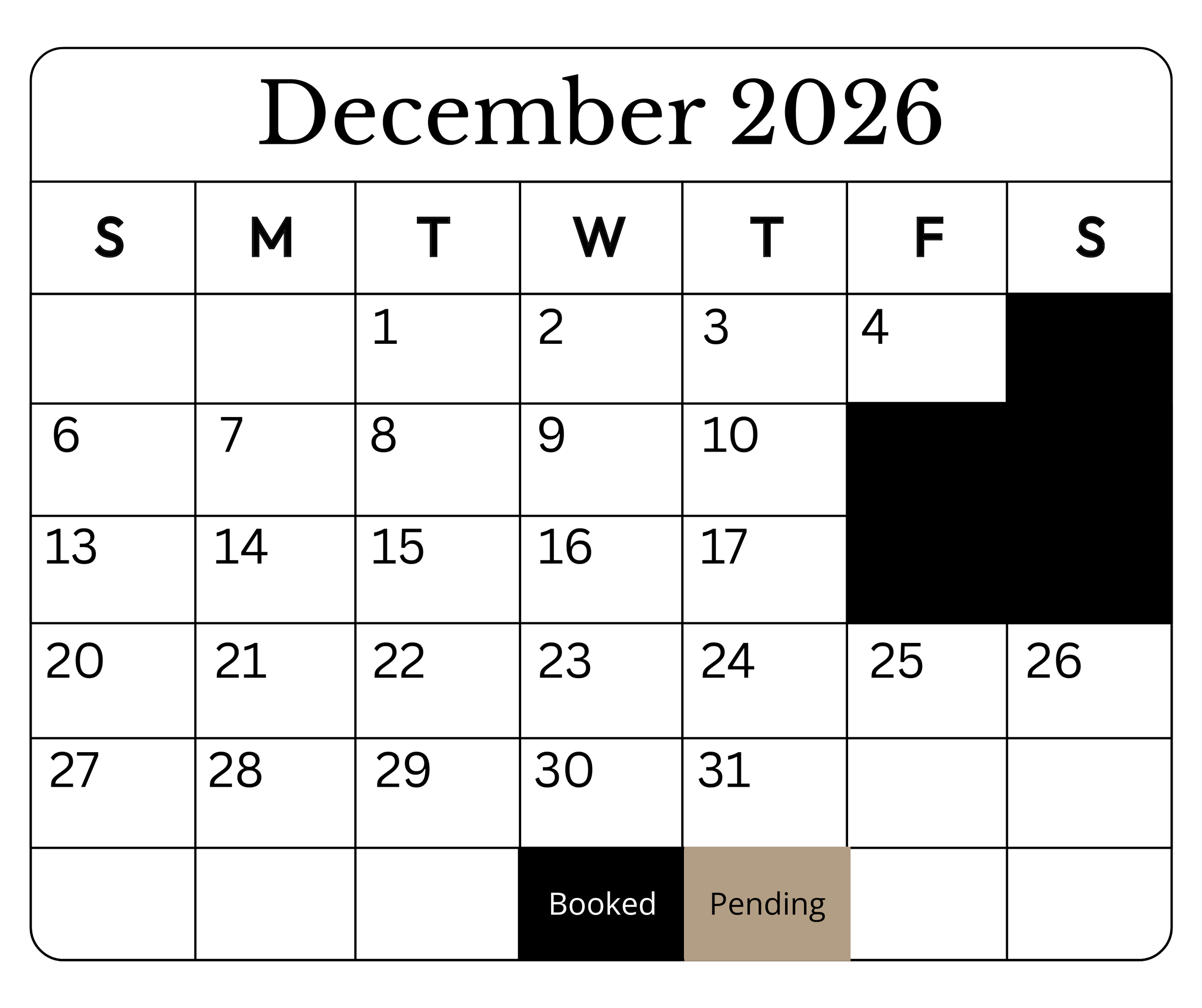 December 2026 calendar with black marked dates on the 3rd, 4th, 10th, 17th, and 31st. The 30th has 