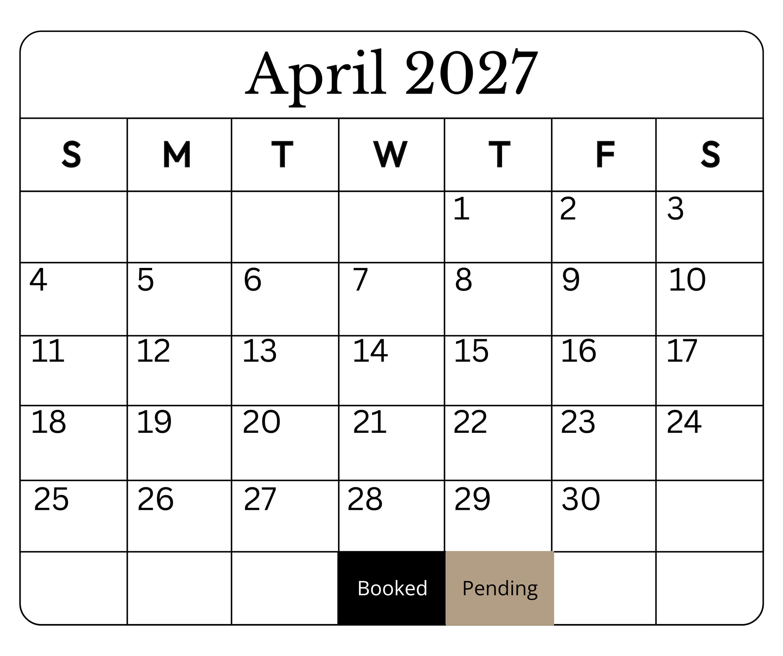 April 2027 calendar with booking status for April 28, showing 'Booked' in black and 'Pending' in gray.