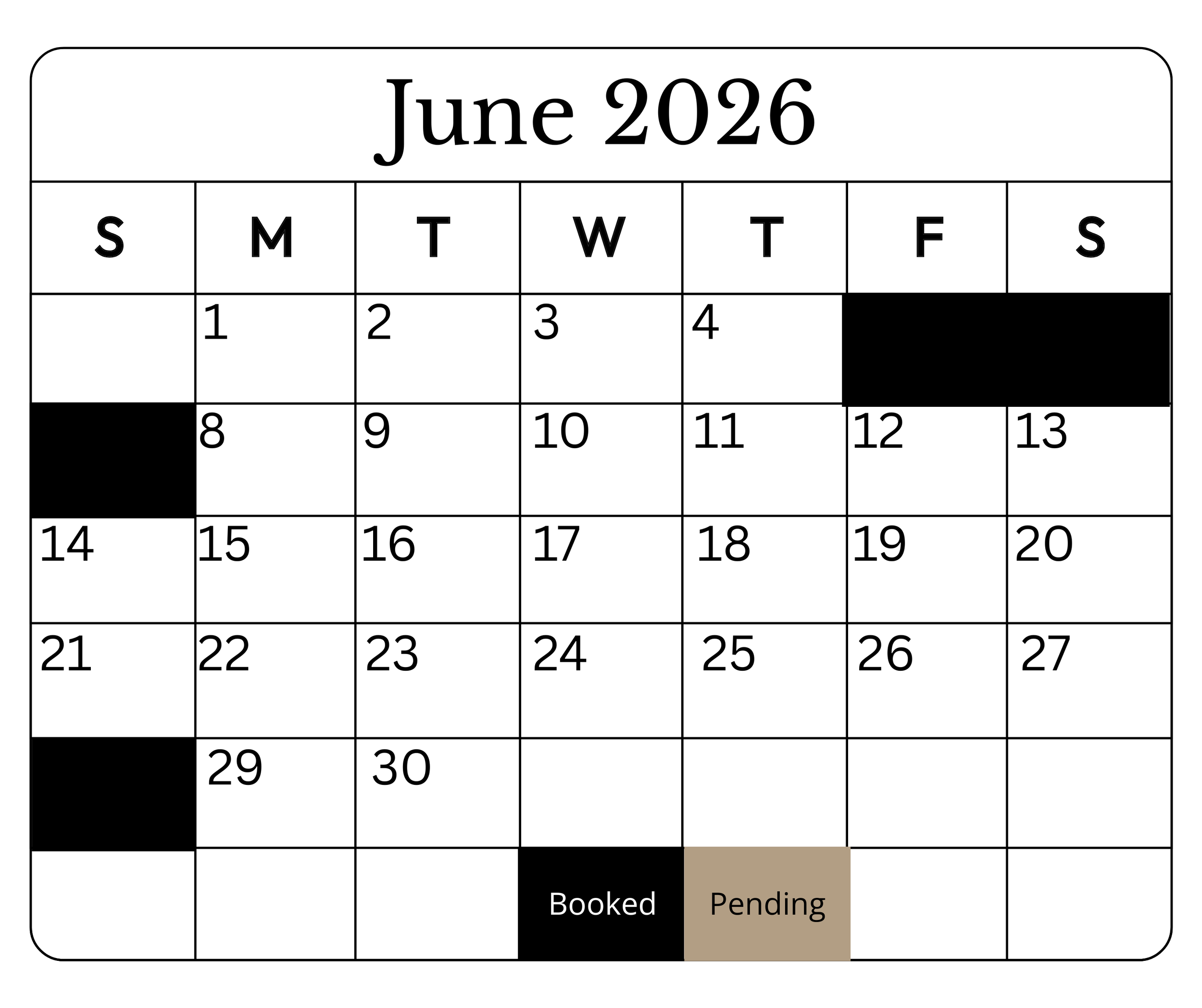 Monthly calendar for June 2026 showing dates and statuses, with some days marked as booked or pending.